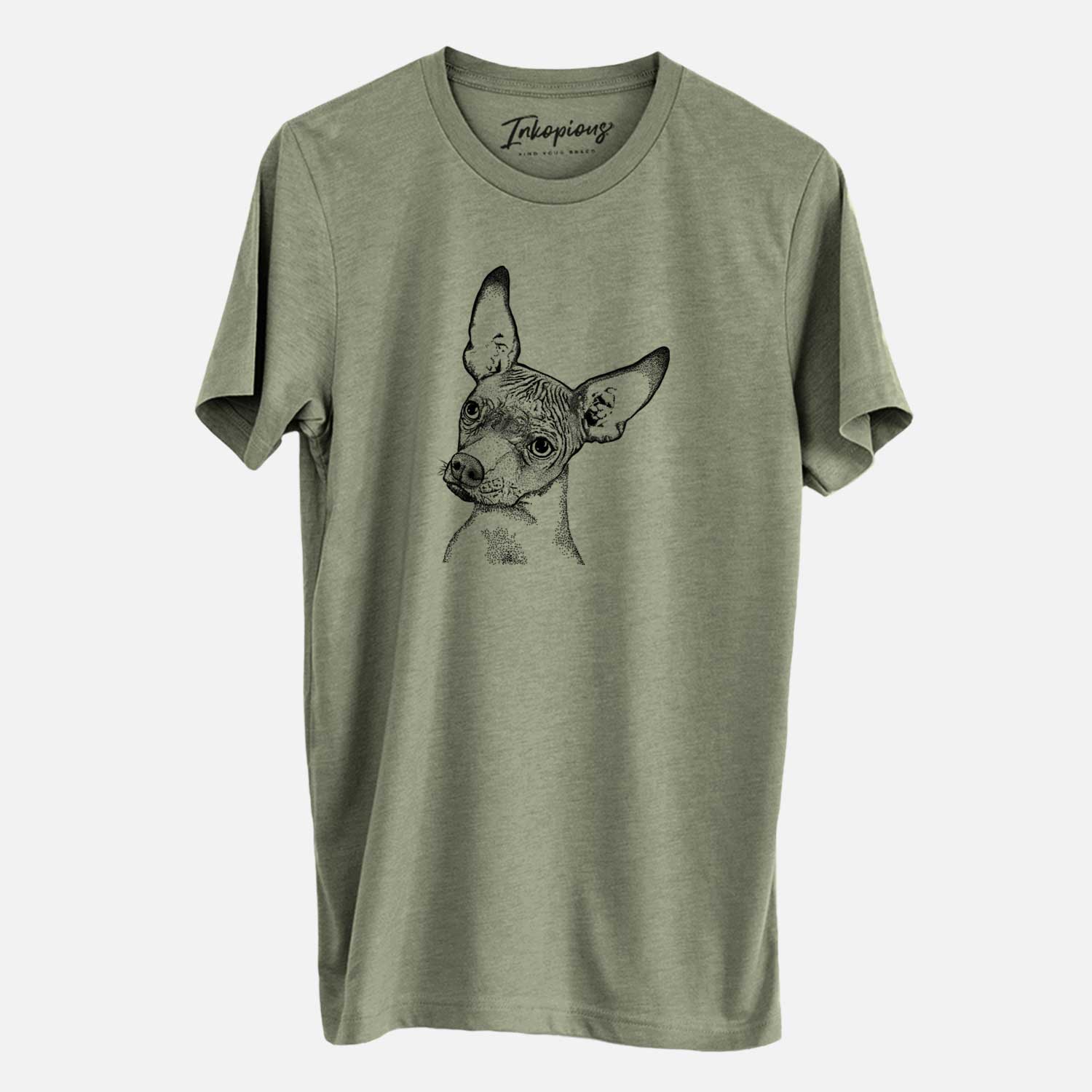 Hand-drawn sketch of Kahlo the Xoloitzcuintli on an Olive Unisex crewneck