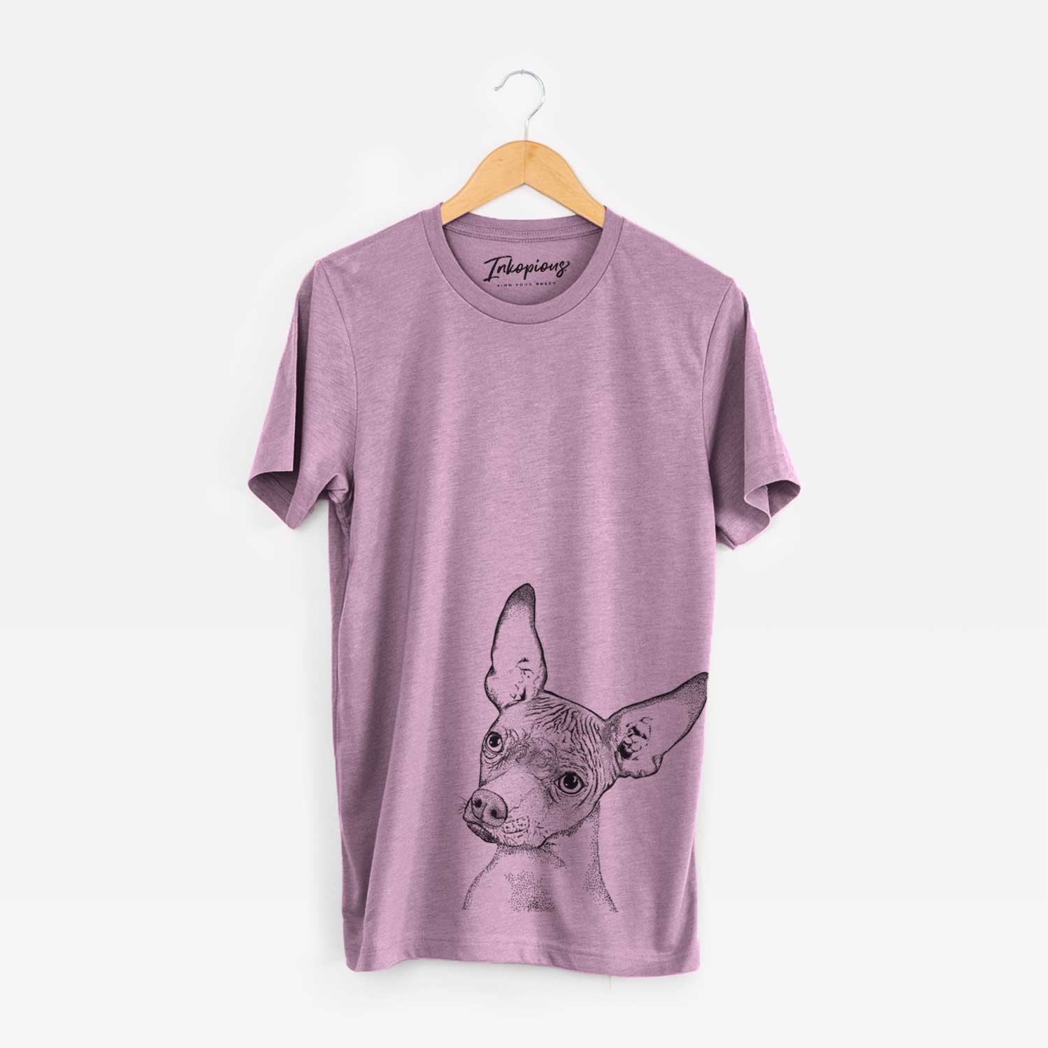Hand-drawn sketch of Kahlo the Xoloitzcuintli on an Orchid Unisex crewneck