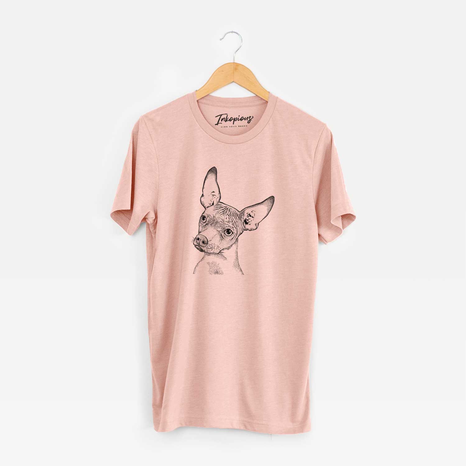 Hand-drawn sketch of Kahlo the Xoloitzcuintli on a Peach Unisex crewneck