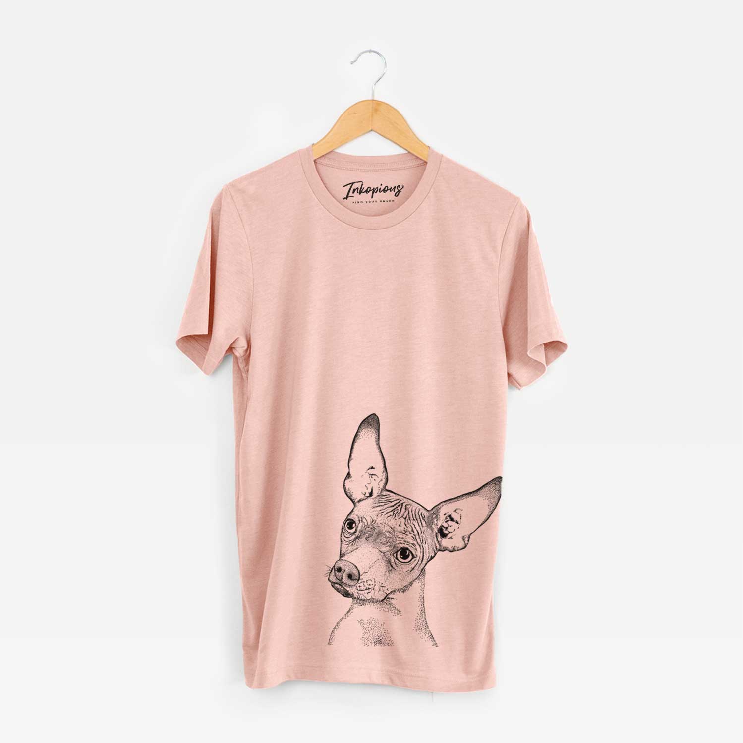 Hand-drawn sketch of Kahlo the Xoloitzcuintli on a Peach Unisex crewneck