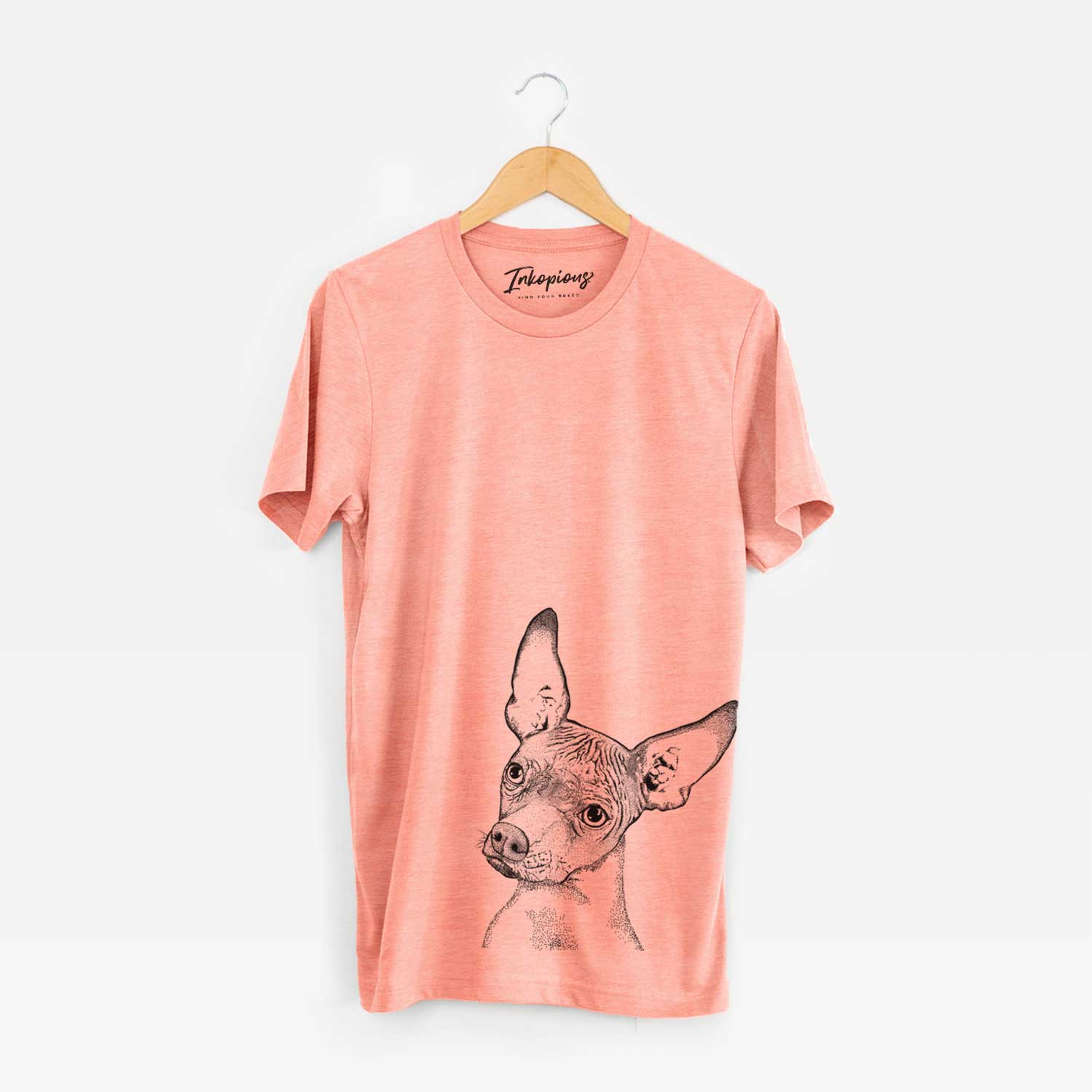 Hand-drawn sketch of Kahlo the Xoloitzcuintli on a Sunset Unisex crewneck