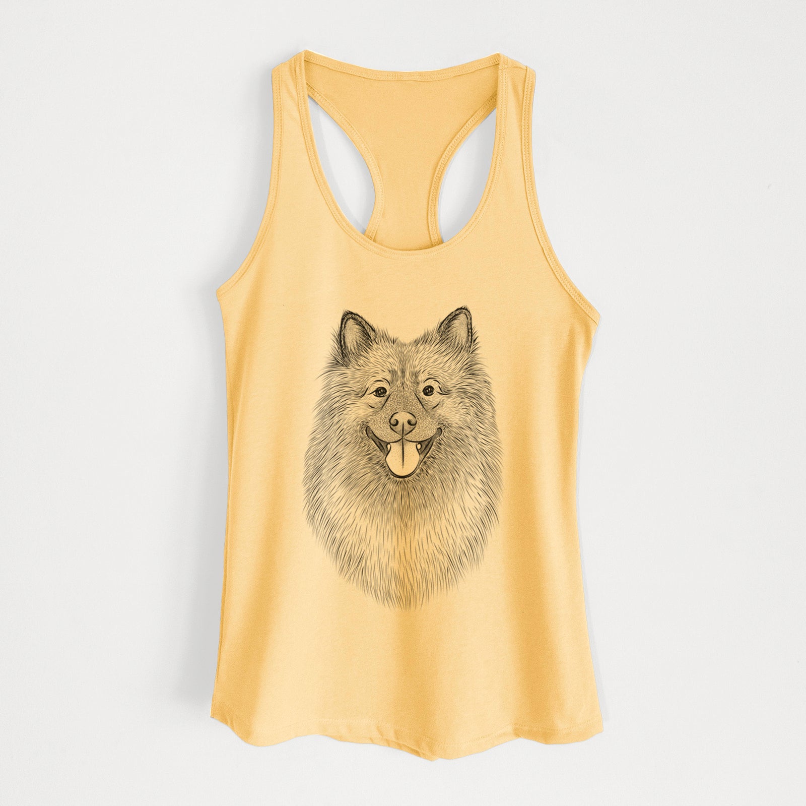 Hand-drawn sketch of Kai the Keeshond on a Banana Cream Women's racerback tanktop
