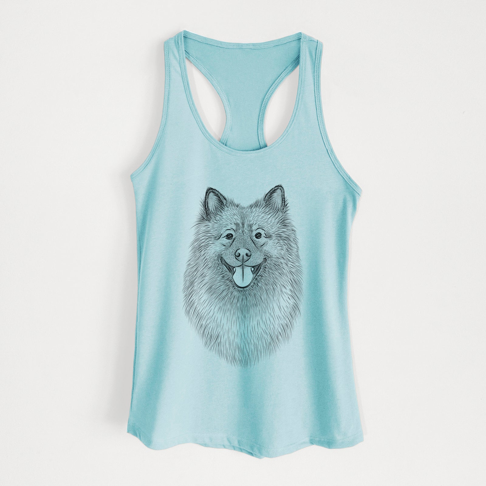 Hand-drawn sketch of Kai the Keeshond on a Cancun Blue Women's racerback tanktop