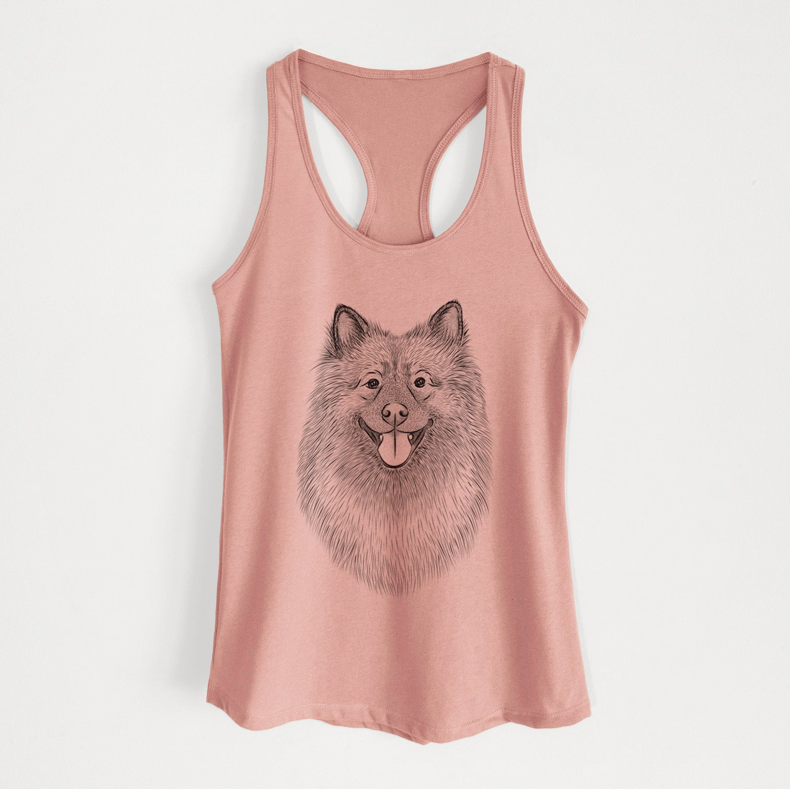 Hand-drawn sketch of Kai the Keeshond on a Desert Pink Women's racerback tanktop