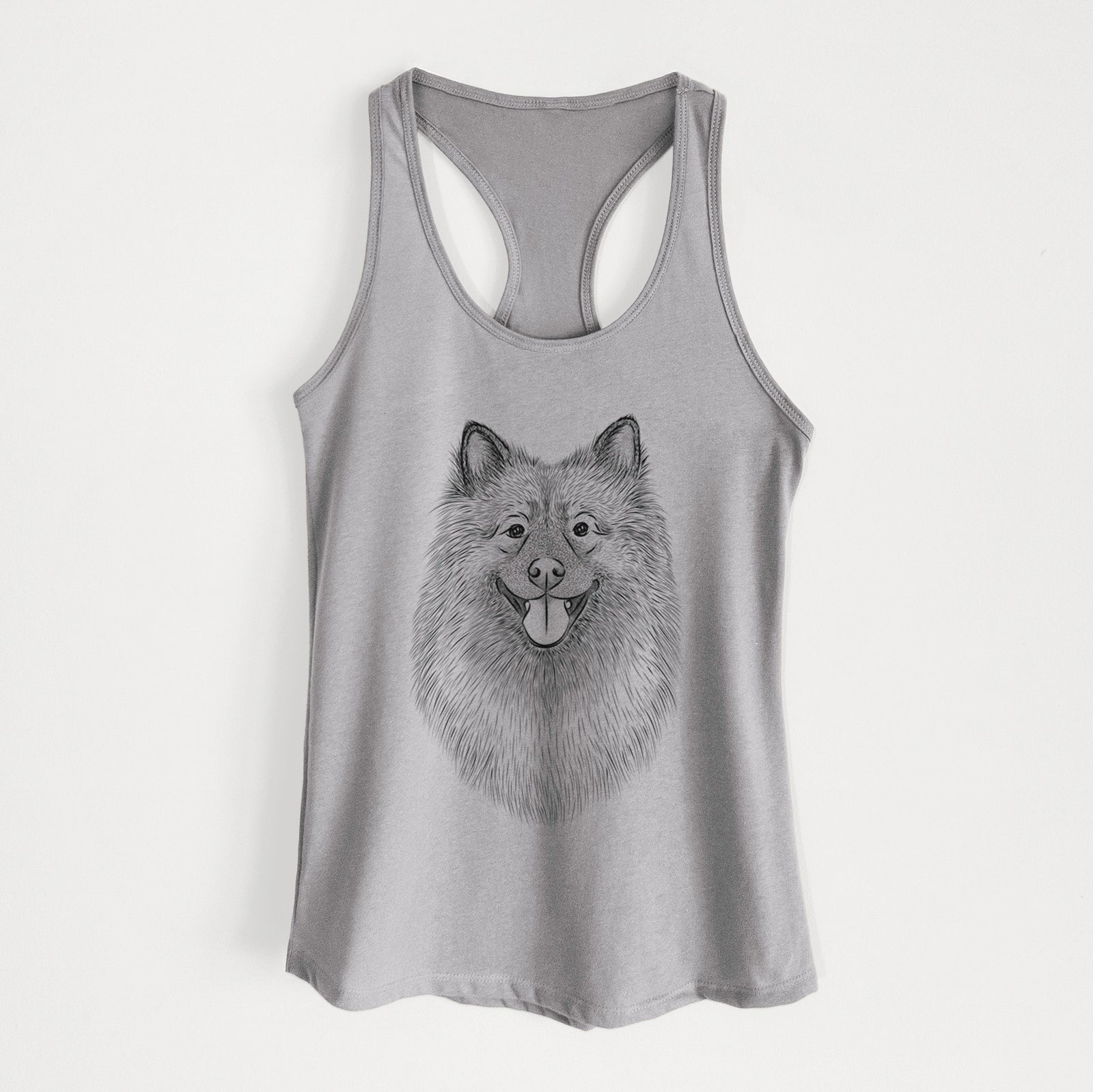 Hand-drawn sketch of Kai the Keeshond on a Heather Grey Women's racerback tanktop