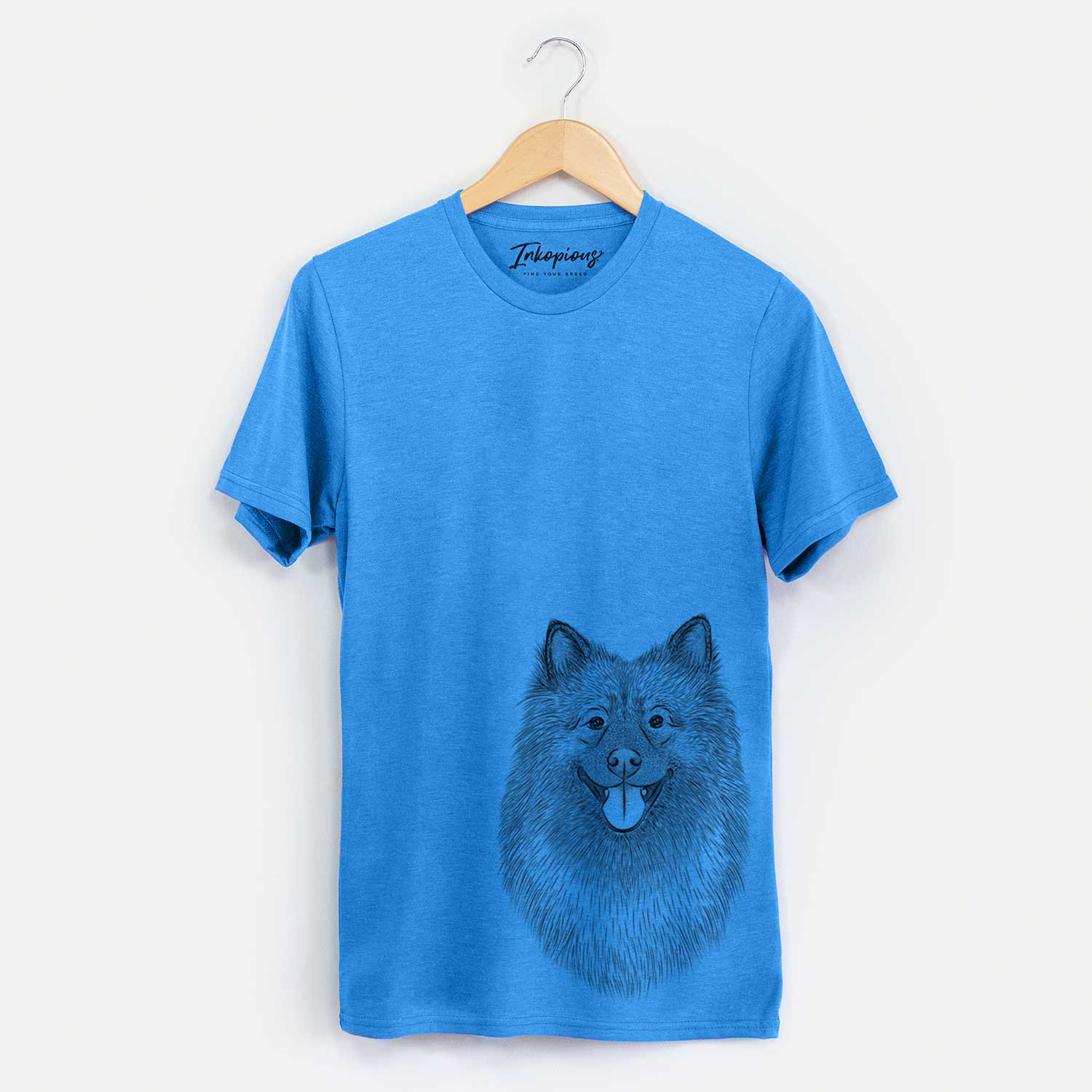 Hand-drawn sketch of Kai the Keeshond on a Blue Unisex crewneck