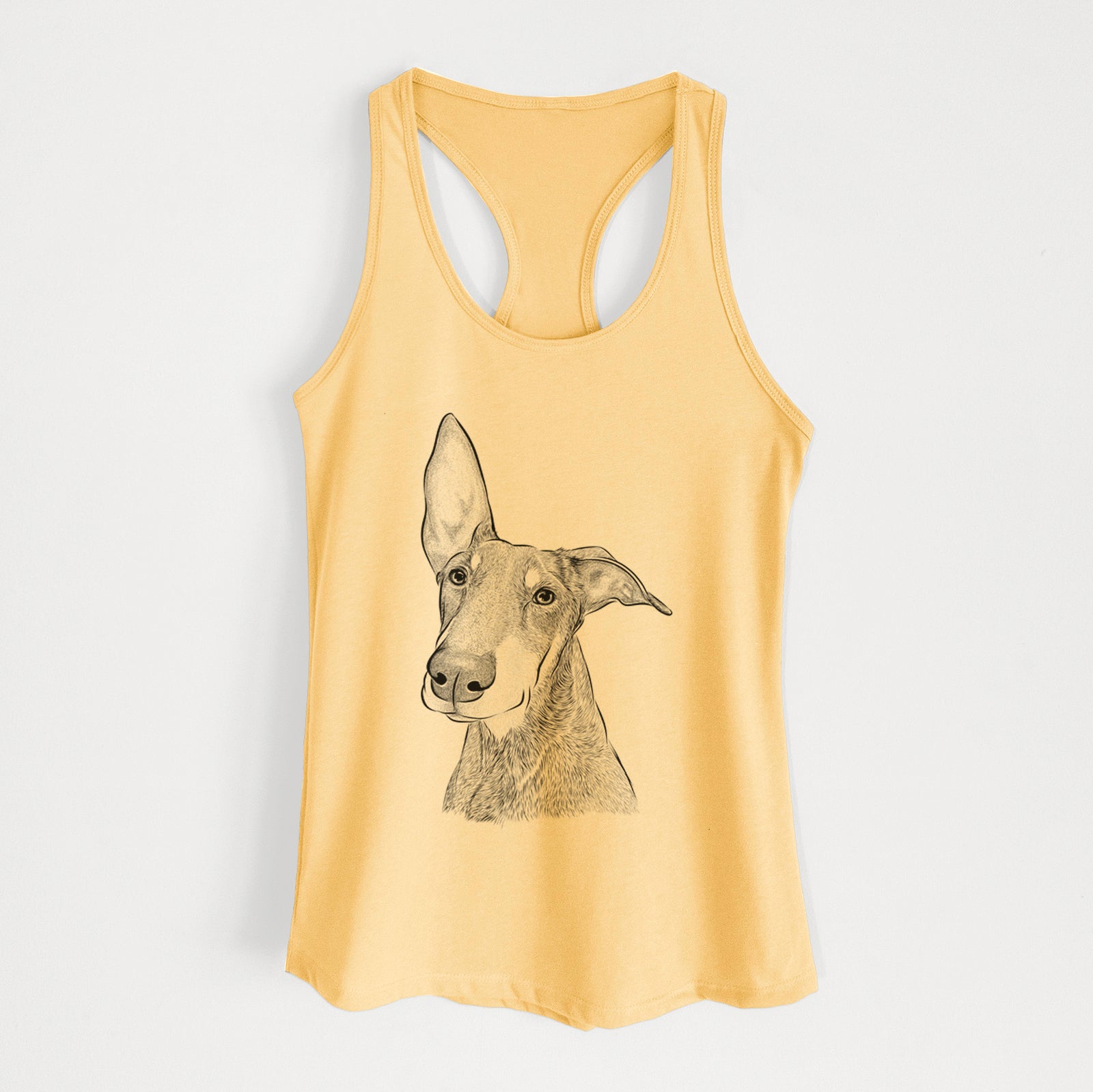 Hand-drawn sketch of Kain the Doberman Pinscher on a Banana Cream Women's racerback tanktop