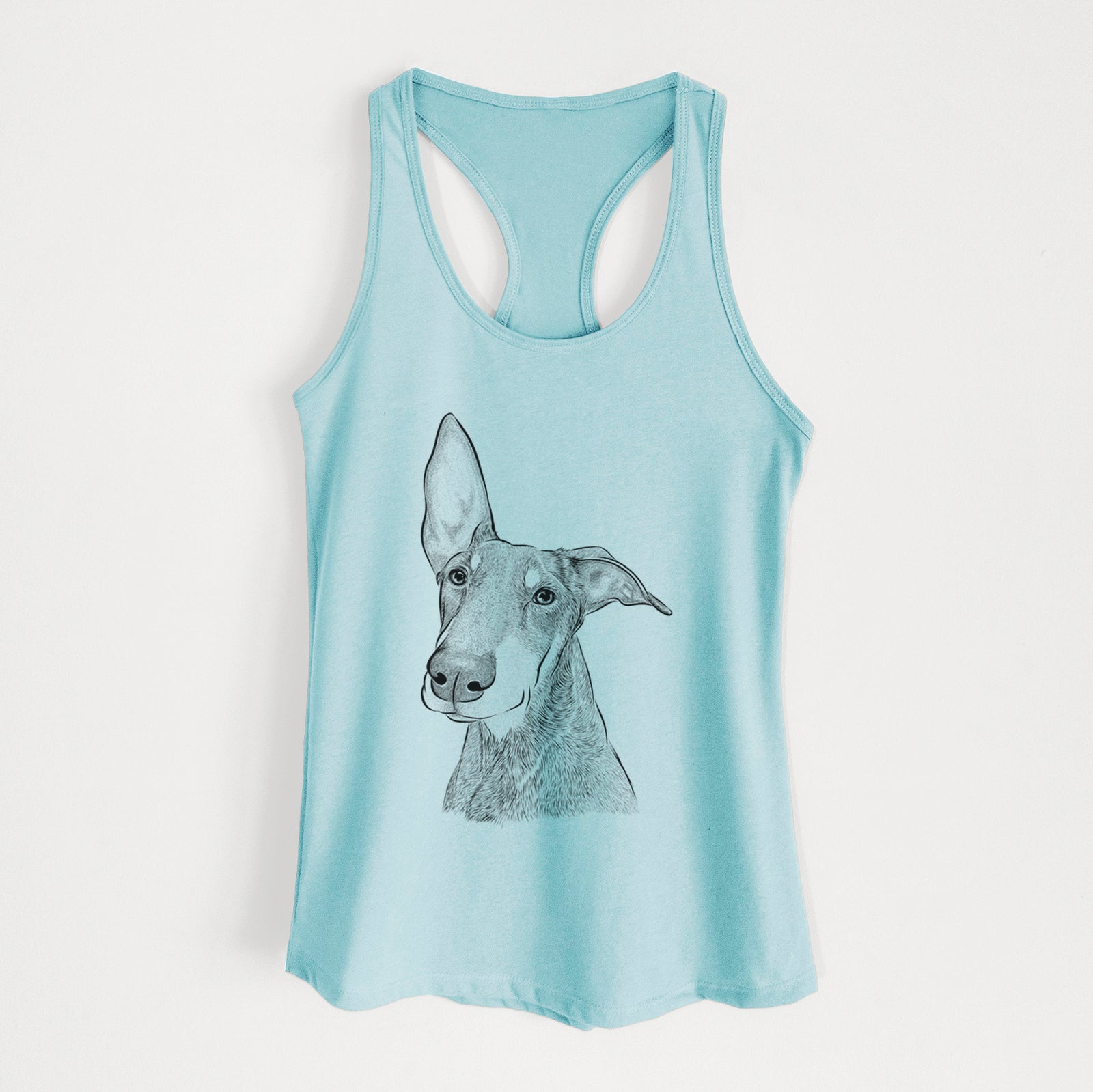 Hand-drawn sketch of Kain the Doberman Pinscher on a Cancun Blue Women's racerback tanktop