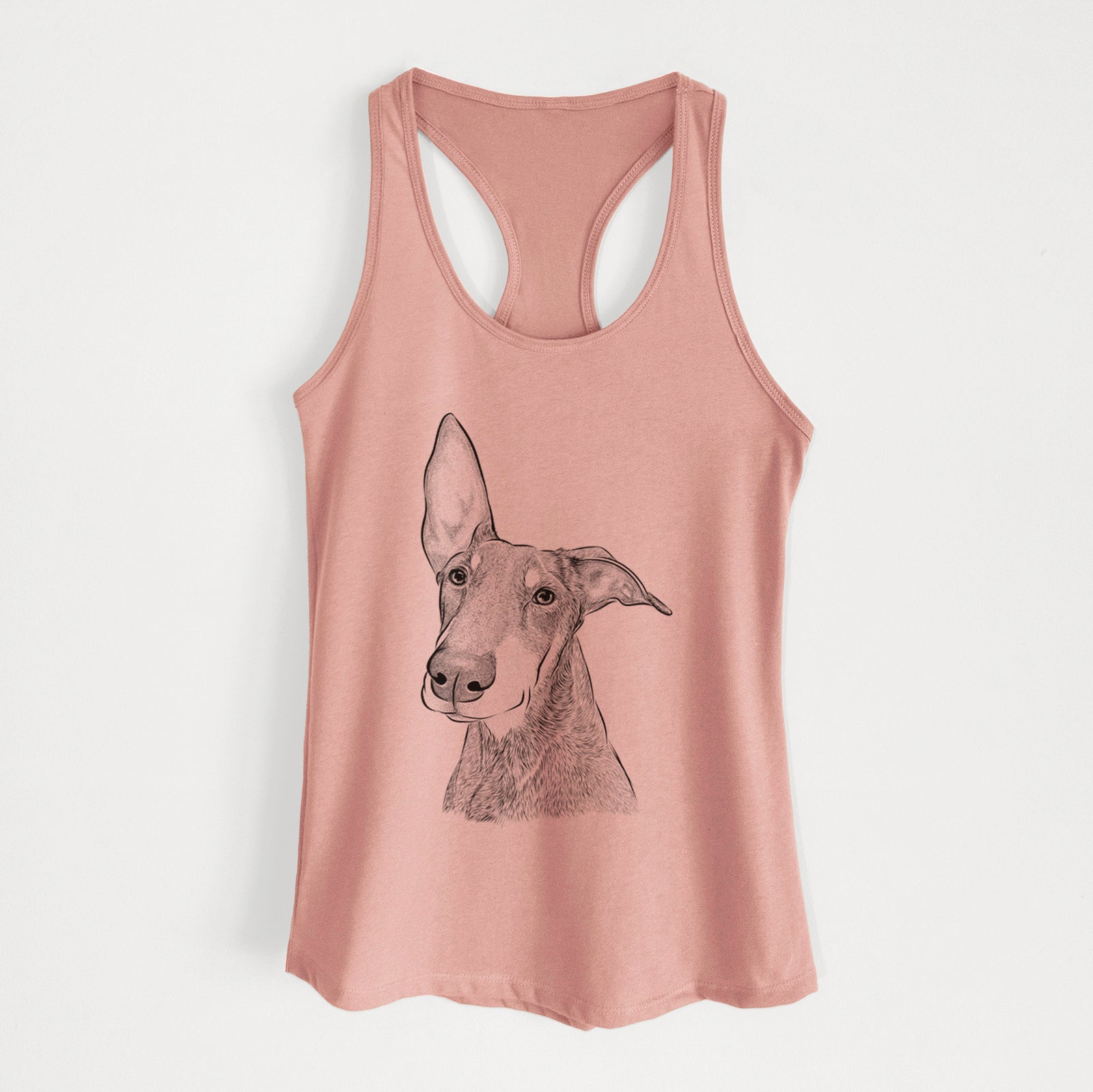 Hand-drawn sketch of Kain the Doberman Pinscher on a Desert Pink Women's racerback tanktop