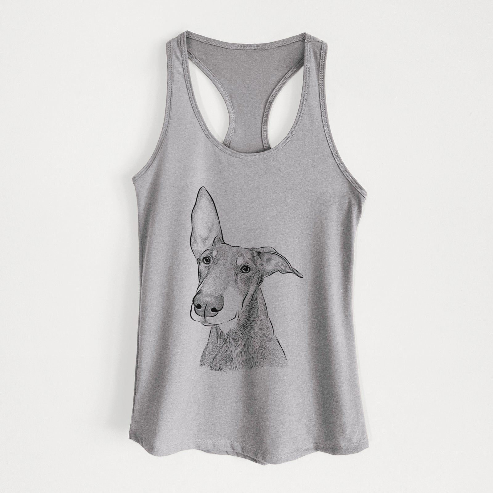 Hand-drawn sketch of Kain the Doberman Pinscher on a Heather Grey Women's racerback tanktop