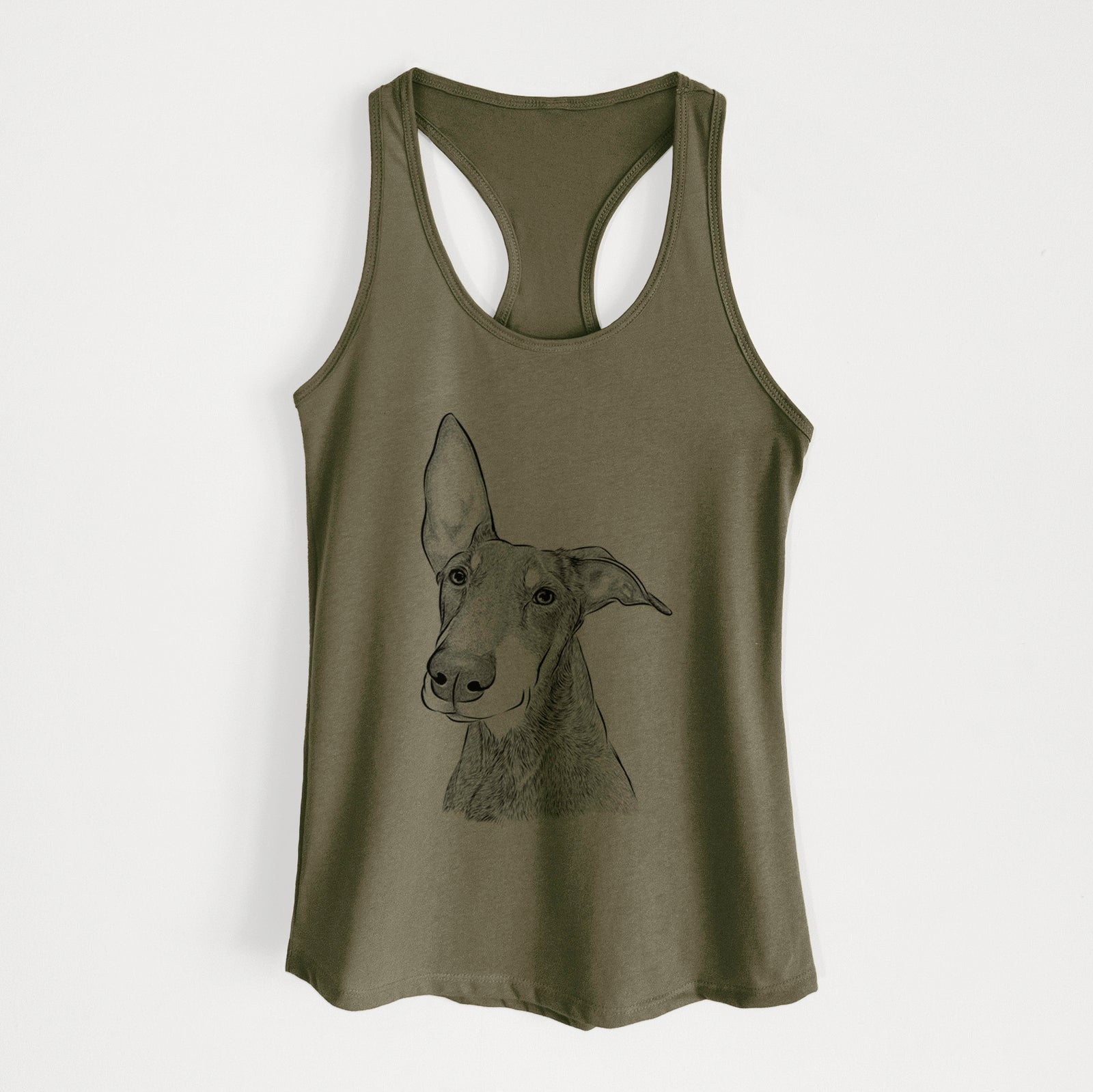 Hand-drawn sketch of Kain the Doberman Pinscher on a Military Green Women's racerback tanktop