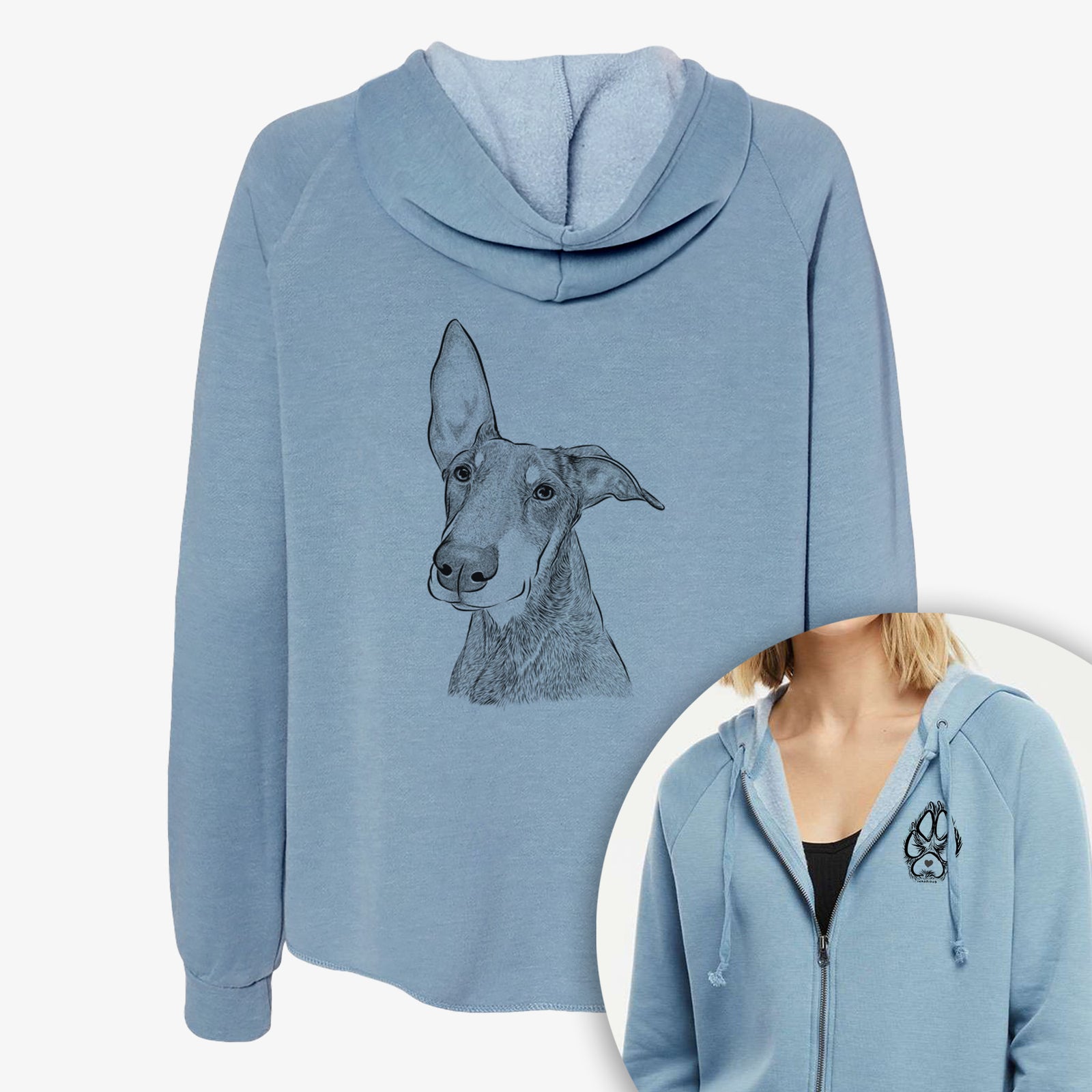 Hand-drawn sketch of Kain the Doberman Pinscher on a Women's cali wave zip-up sweatshirt, shown with icons of the other available costume styles