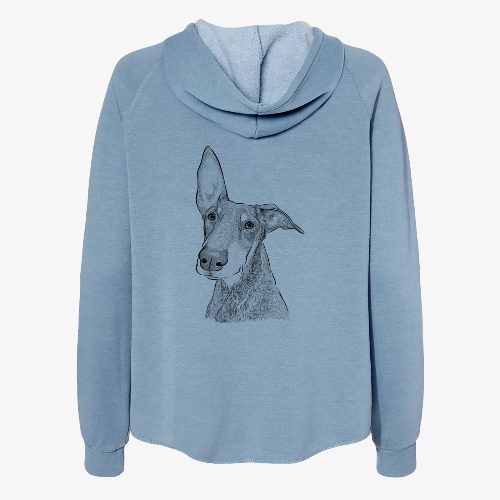 Hand-drawn sketch of Kain the Doberman Pinscher on a Misty Blue Women's cali wave zip-up sweatshirt