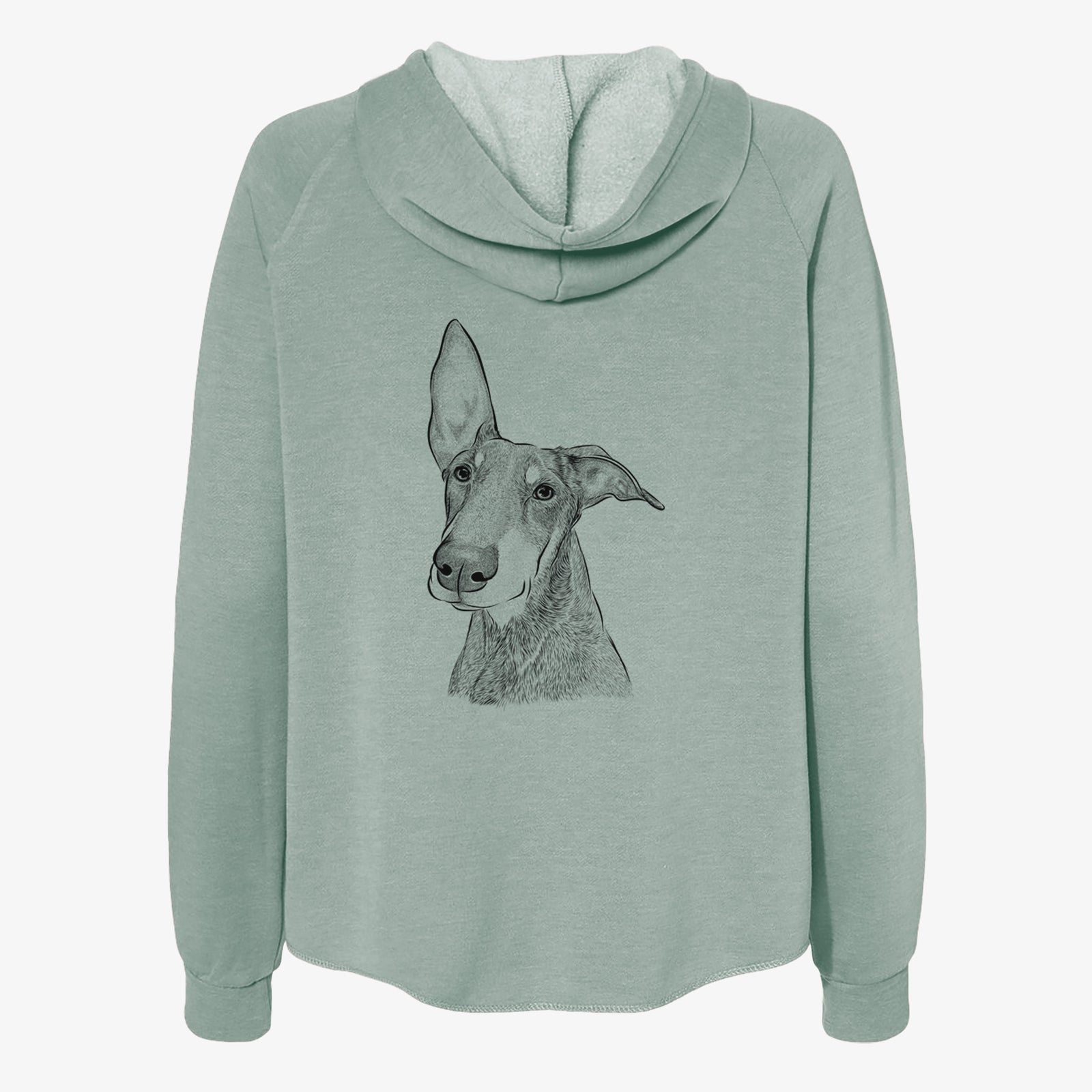 Hand-drawn sketch of Kain the Doberman Pinscher on a Sage Women's cali wave zip-up sweatshirt