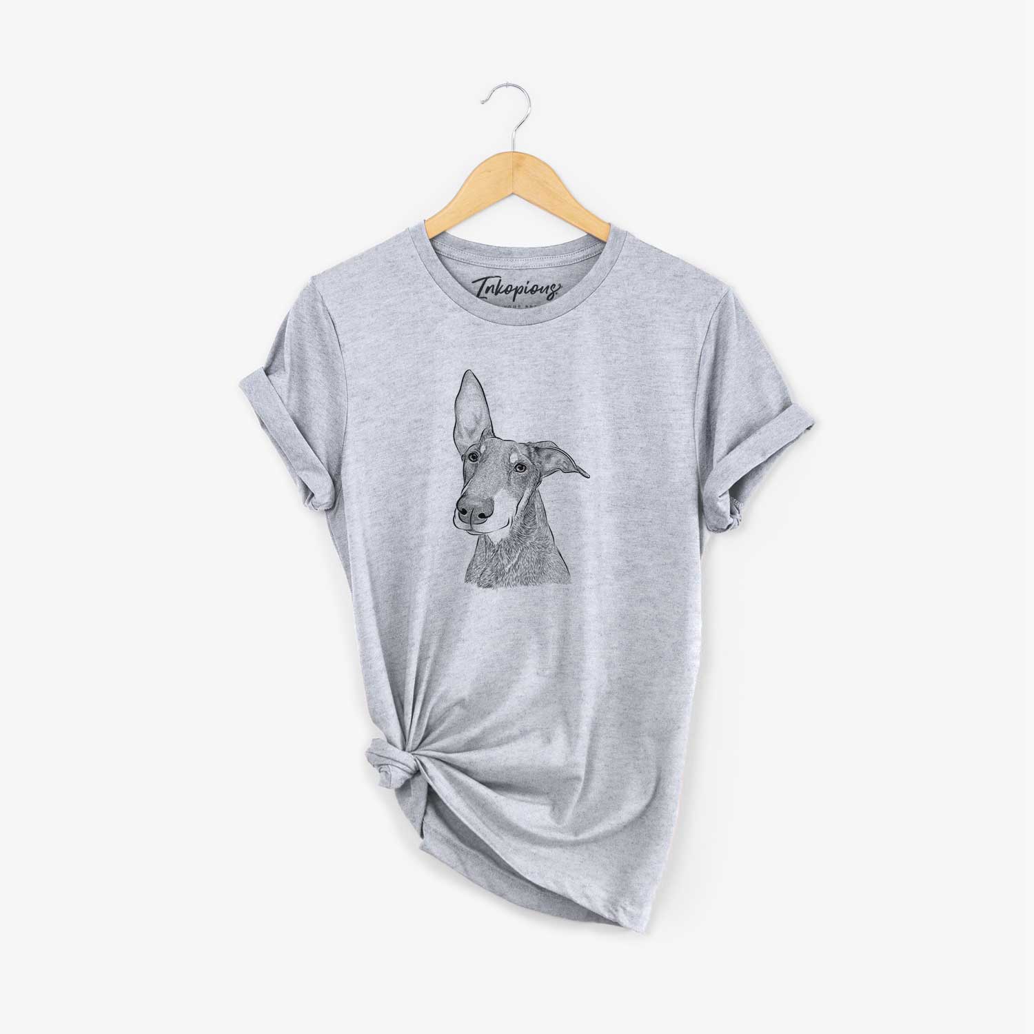 Hand-drawn sketch of Kain the Doberman Pinscher on a Grey Unisex crewneck