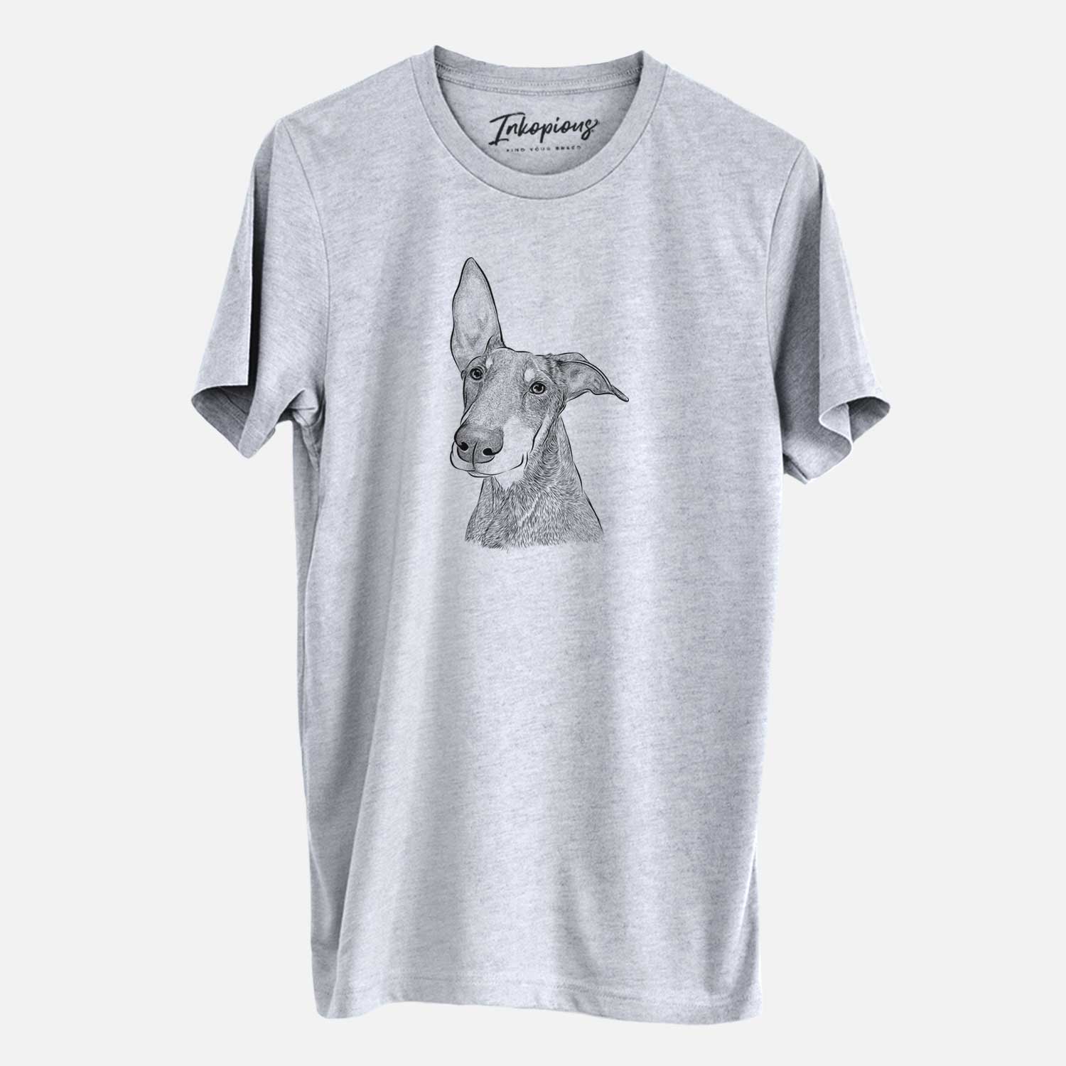 Hand-drawn sketch of Kain the Doberman Pinscher on a Grey Unisex crewneck