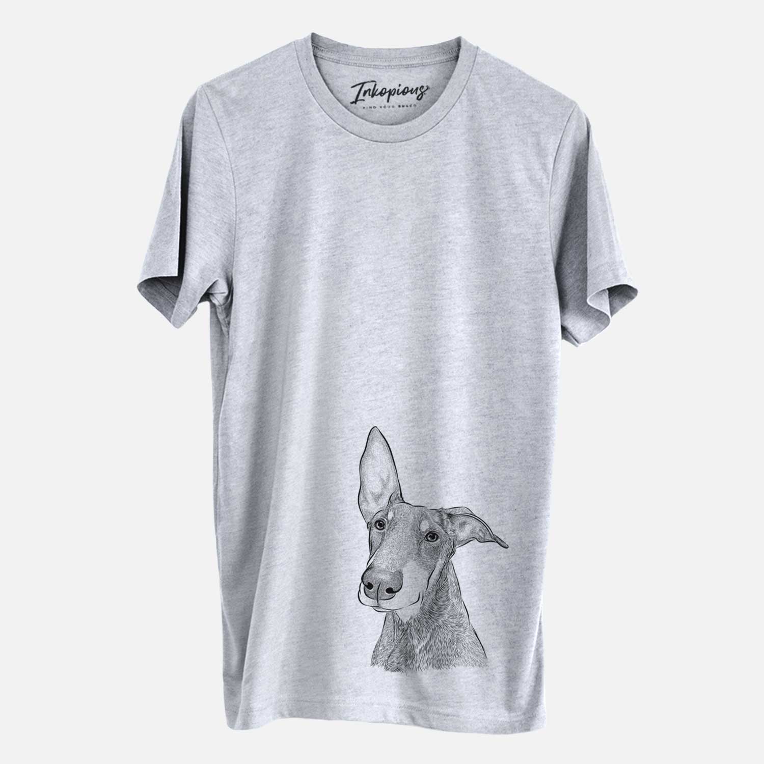 Hand-drawn sketch of Kain the Doberman Pinscher on a Grey Unisex crewneck