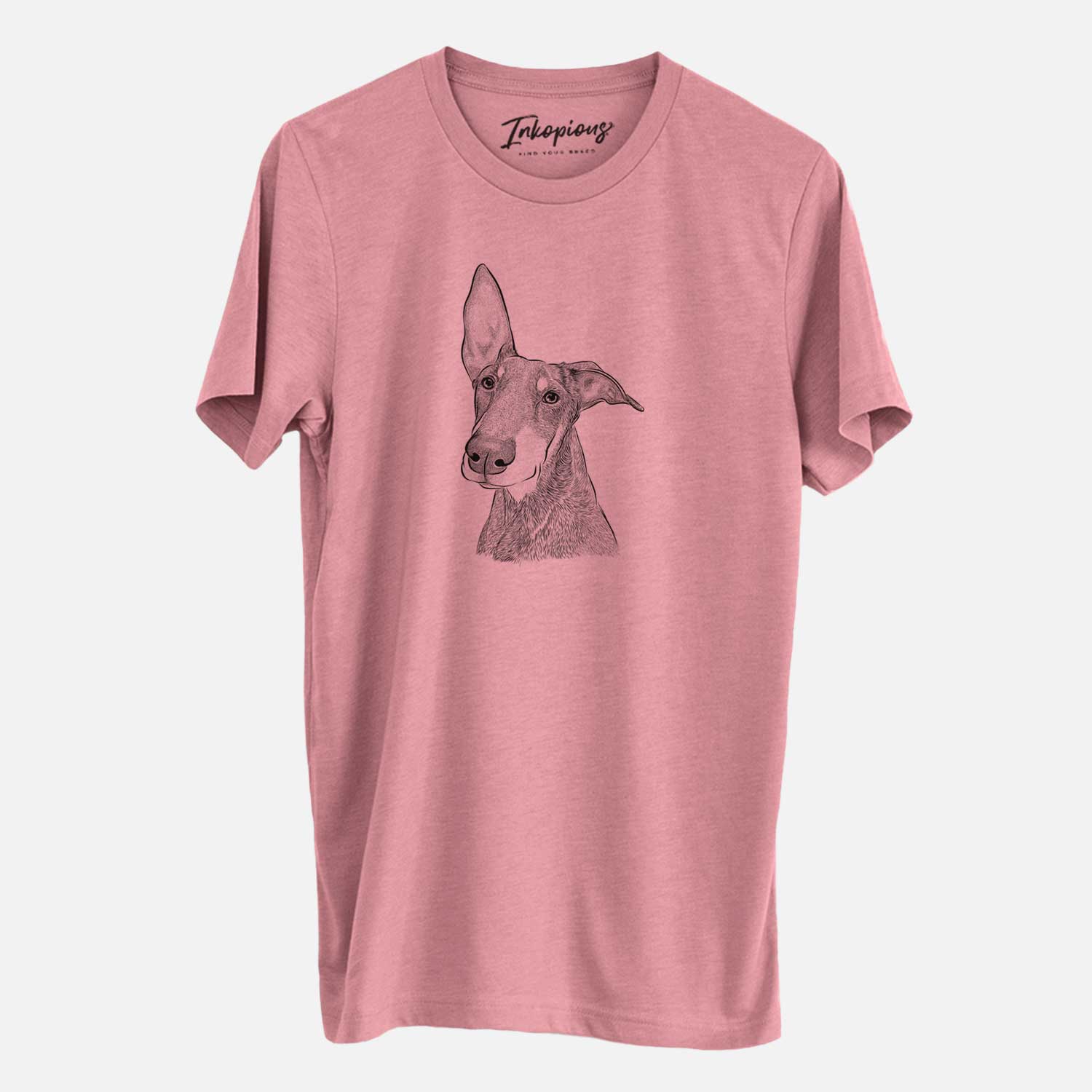 Hand-drawn sketch of Kain the Doberman Pinscher on a Mauve Unisex crewneck
