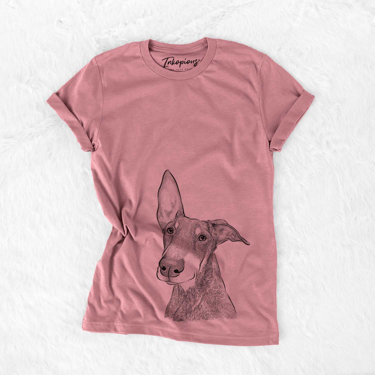 Hand-drawn sketch of Kain the Doberman Pinscher on a Mauve Bella Canvas Unisex Crewneck