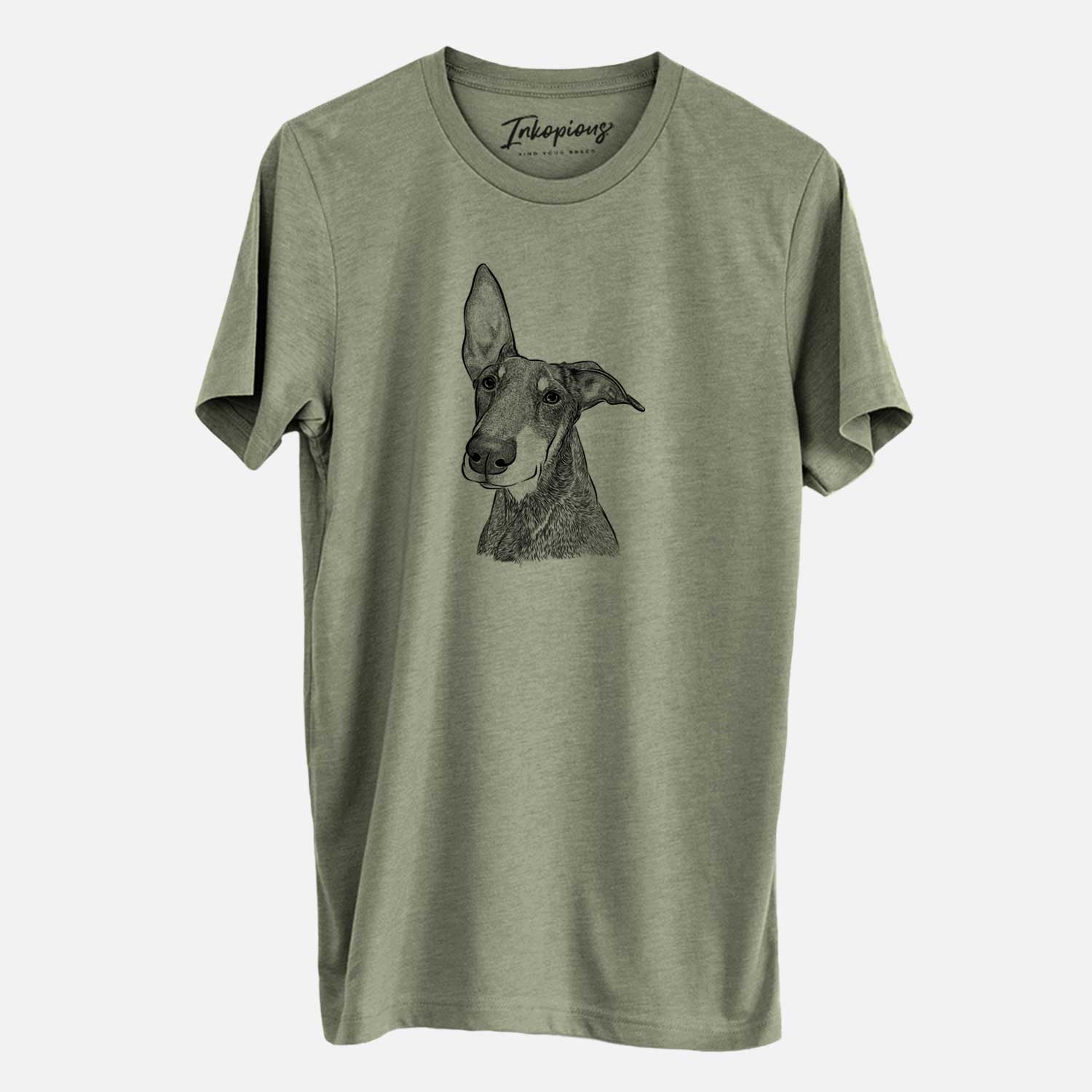 Hand-drawn sketch of Kain the Doberman Pinscher on an Olive Unisex crewneck