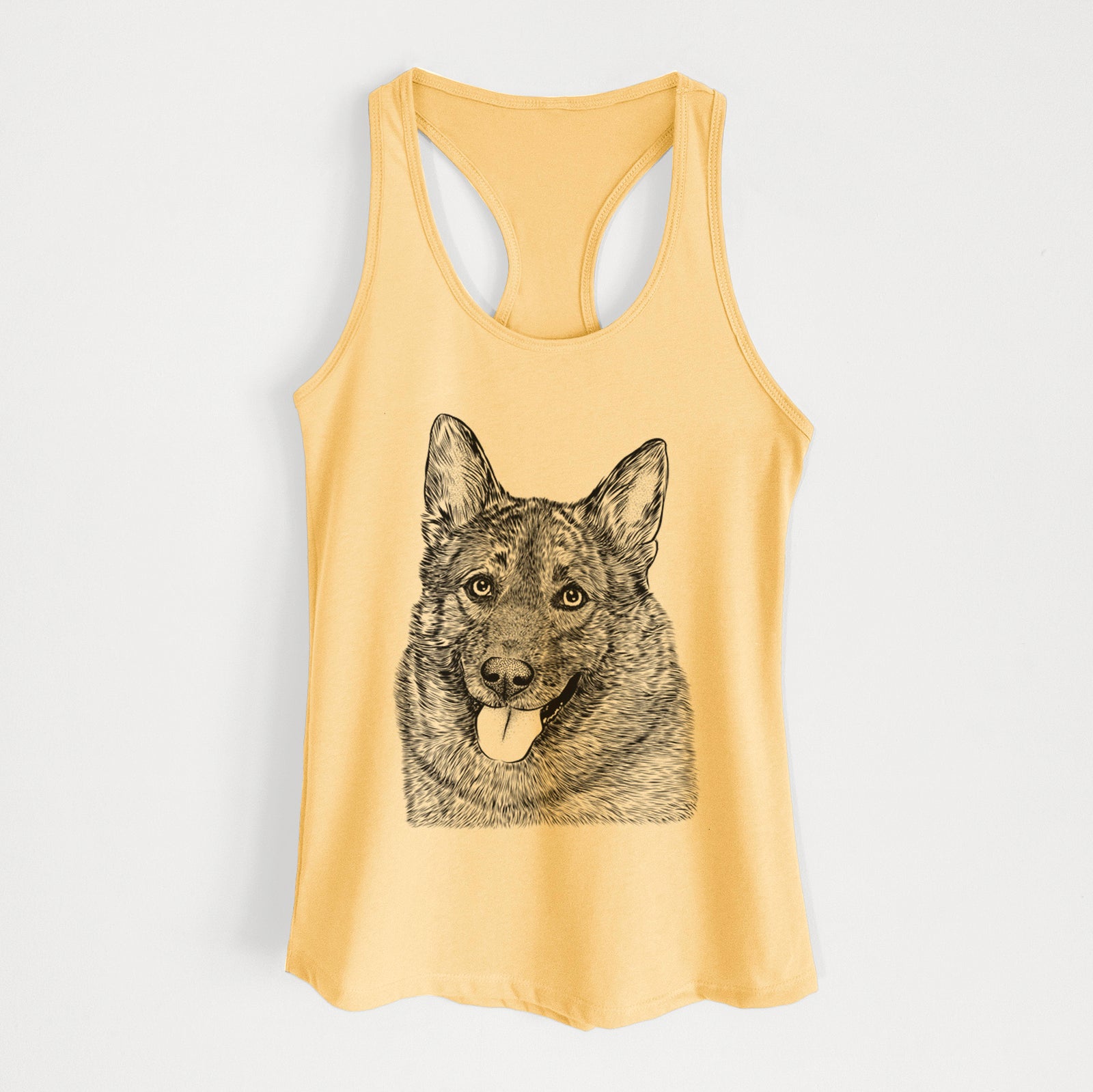 Hand-drawn sketch of Kasia the Norwegian Elkhound on a Banana Cream Women's racerback tanktop