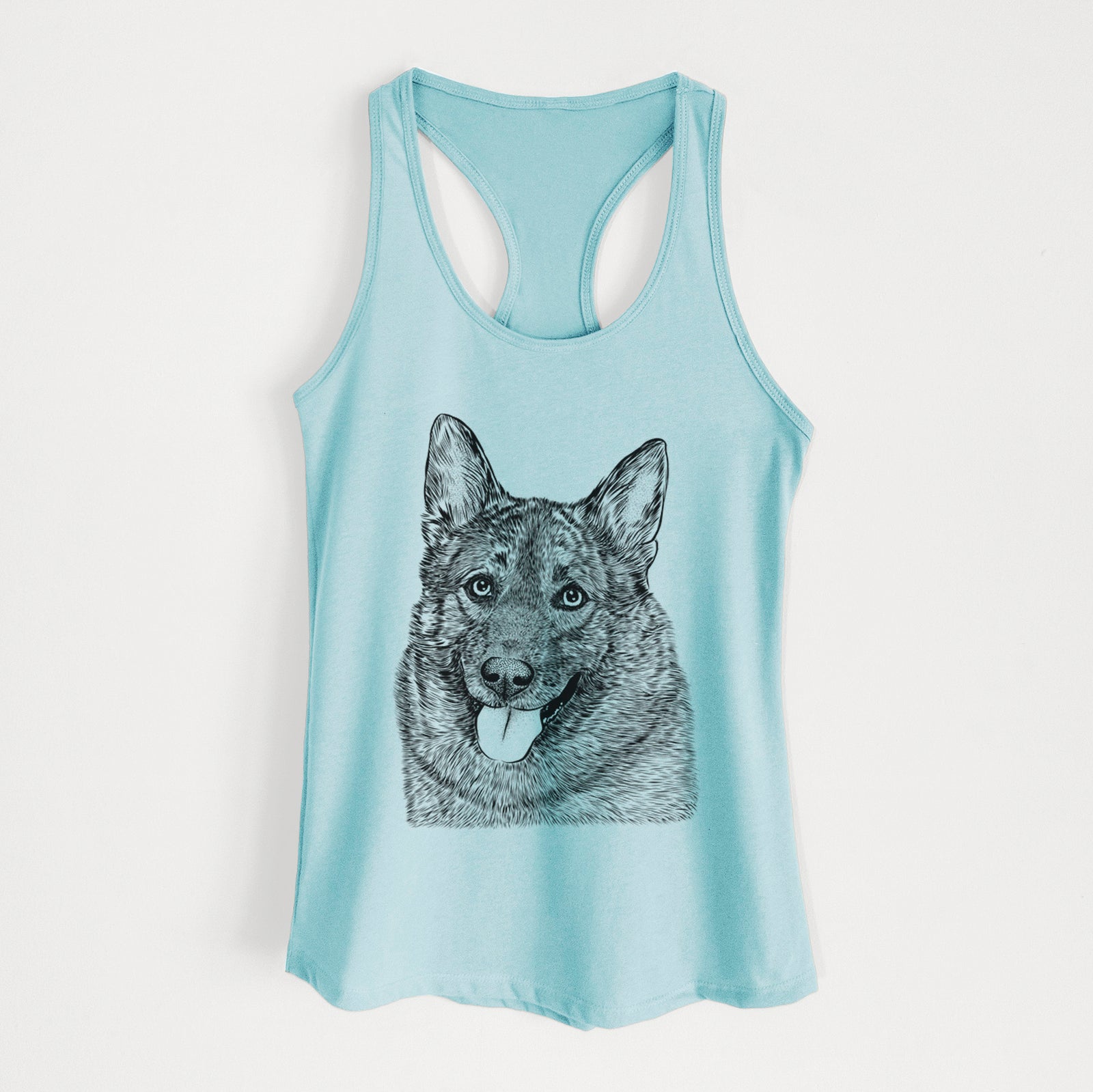 Hand-drawn sketch of Kasia the Norwegian Elkhound on a Cancun Blue Women's racerback tanktop