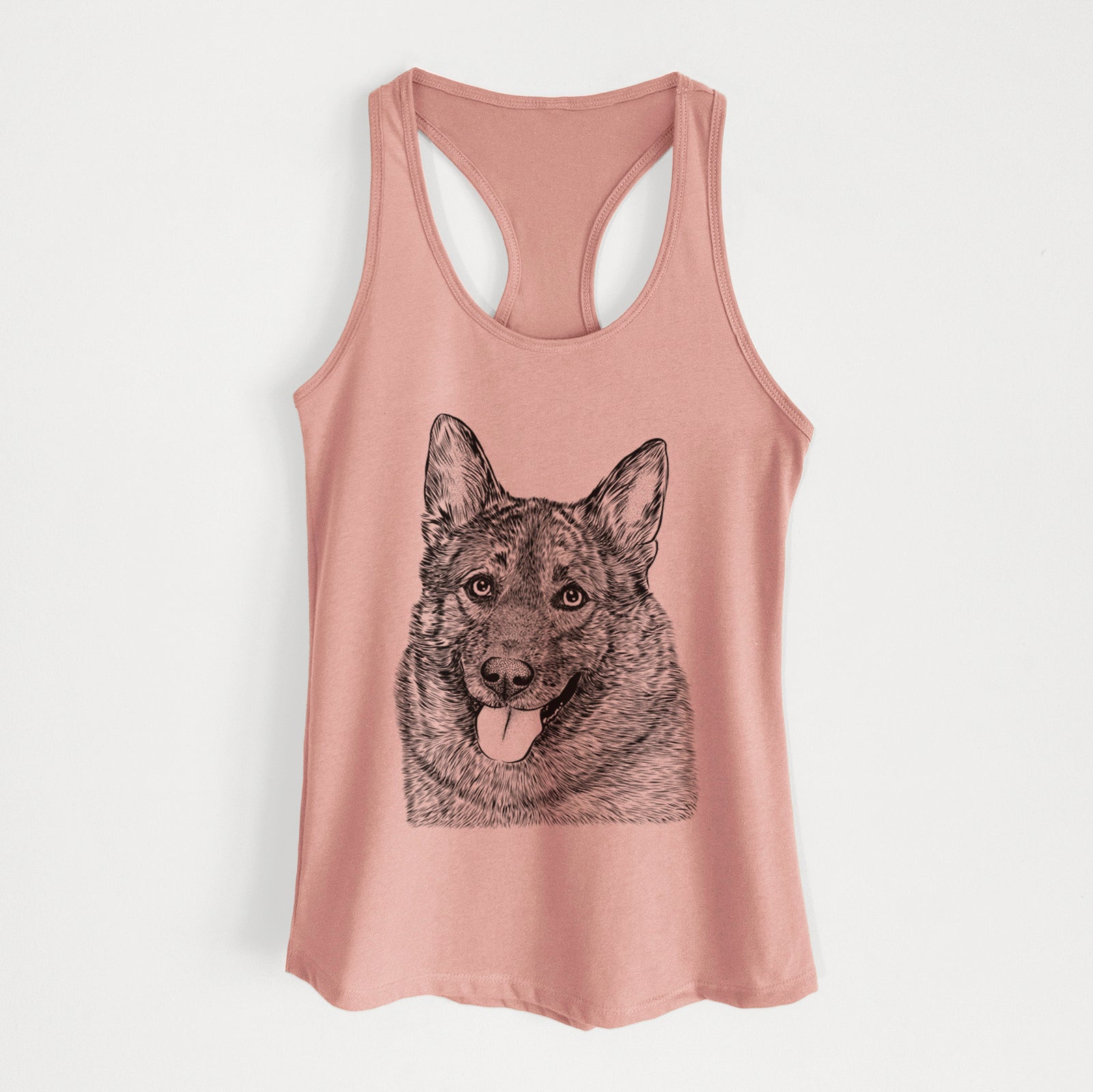 Hand-drawn sketch of Kasia the Norwegian Elkhound on a Desert Pink Women's racerback tanktop