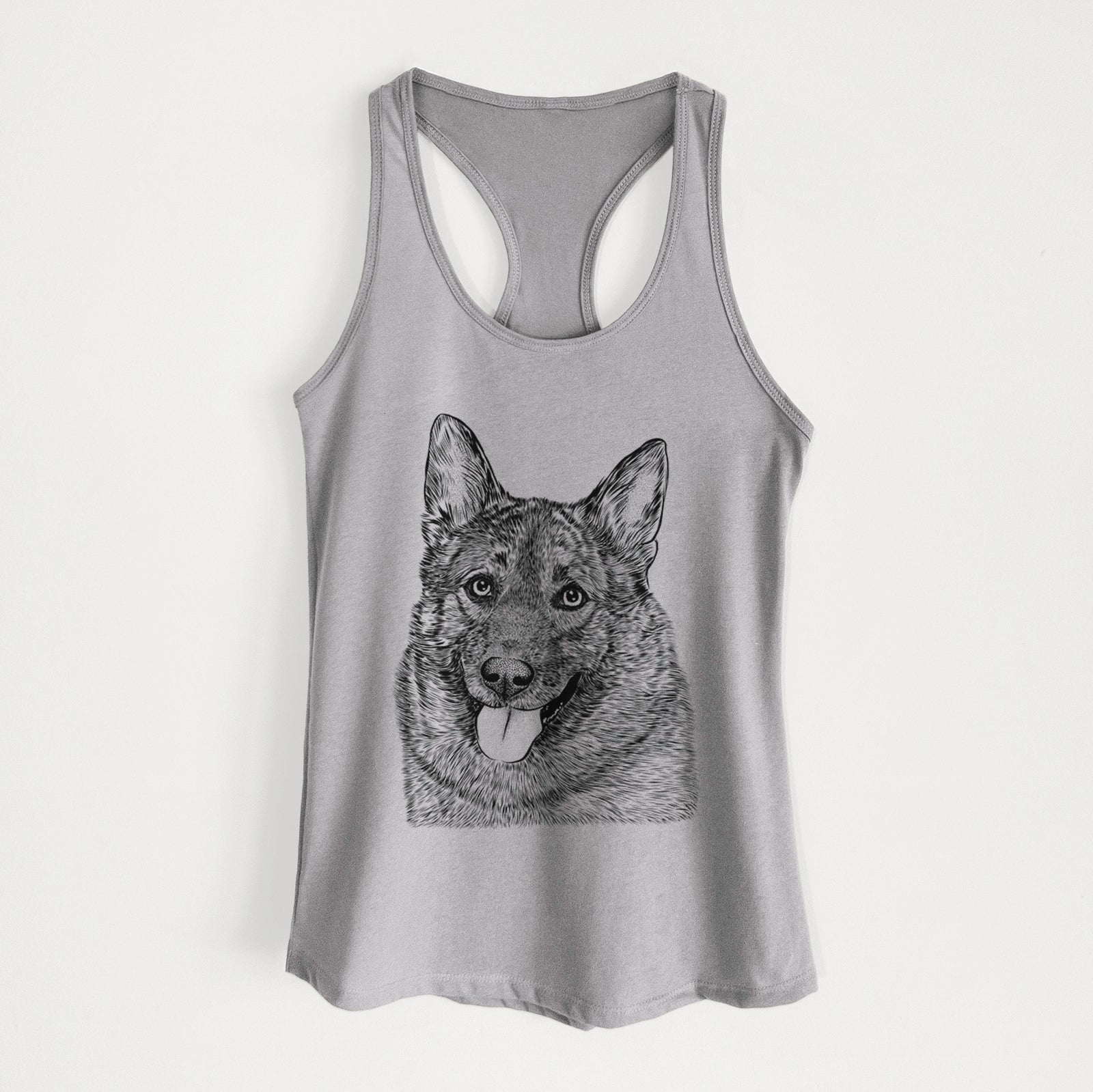 Hand-drawn sketch of Kasia the Norwegian Elkhound on a Heather Grey Women's racerback tanktop
