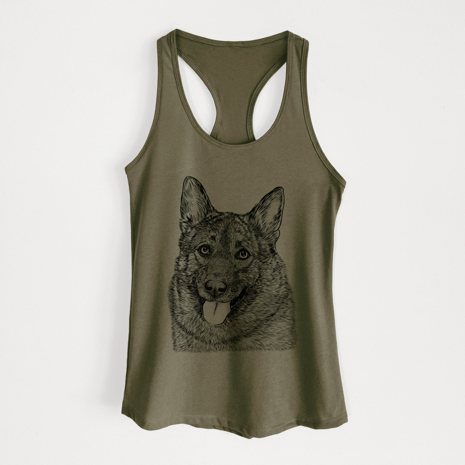 Hand-drawn sketch of Kasia the Norwegian Elkhound on a Military Green Women's racerback tanktop