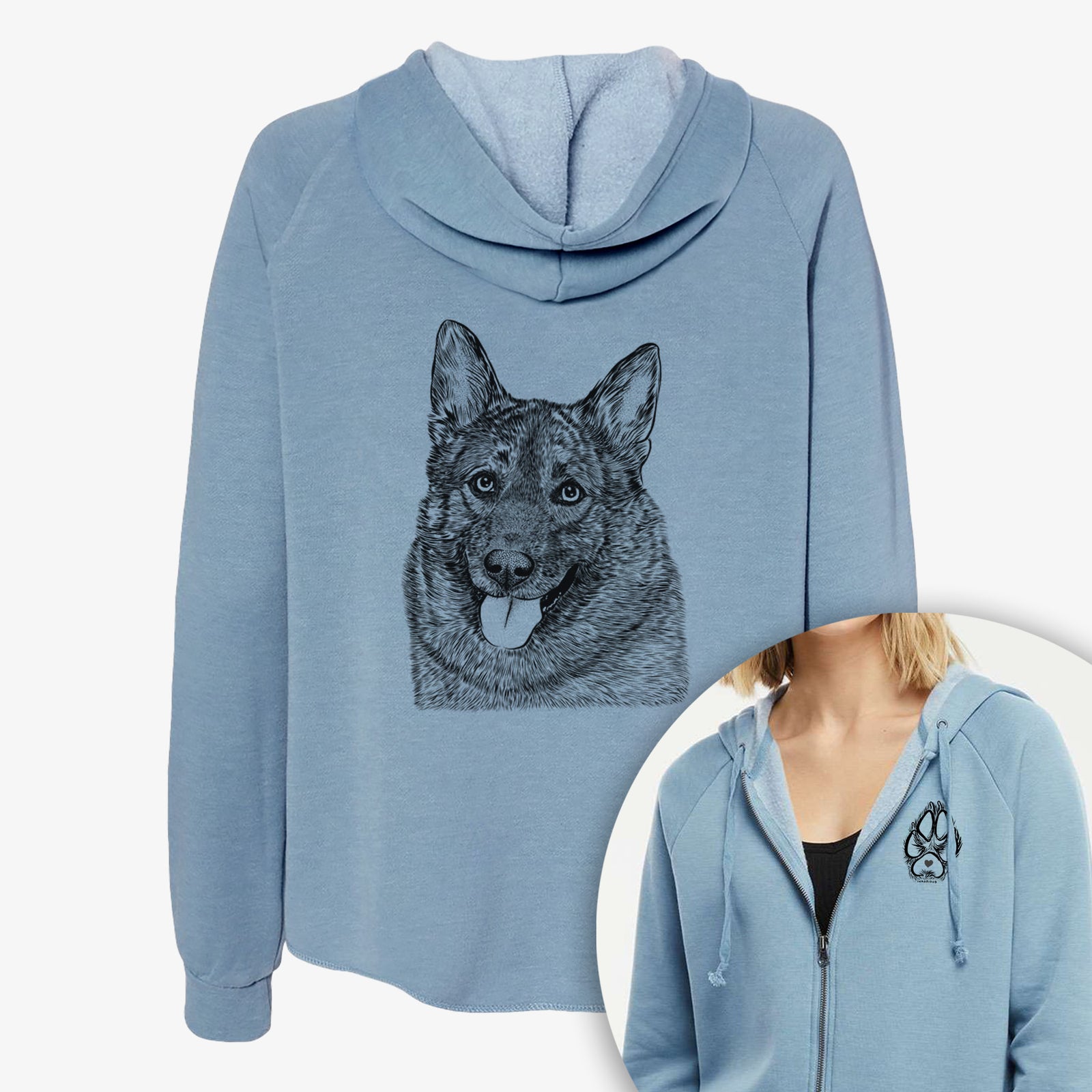 Hand-drawn sketch of Kasia the Norwegian Elkhound on a Women's cali wave zip-up sweatshirt, shown with icons of the other available costume styles