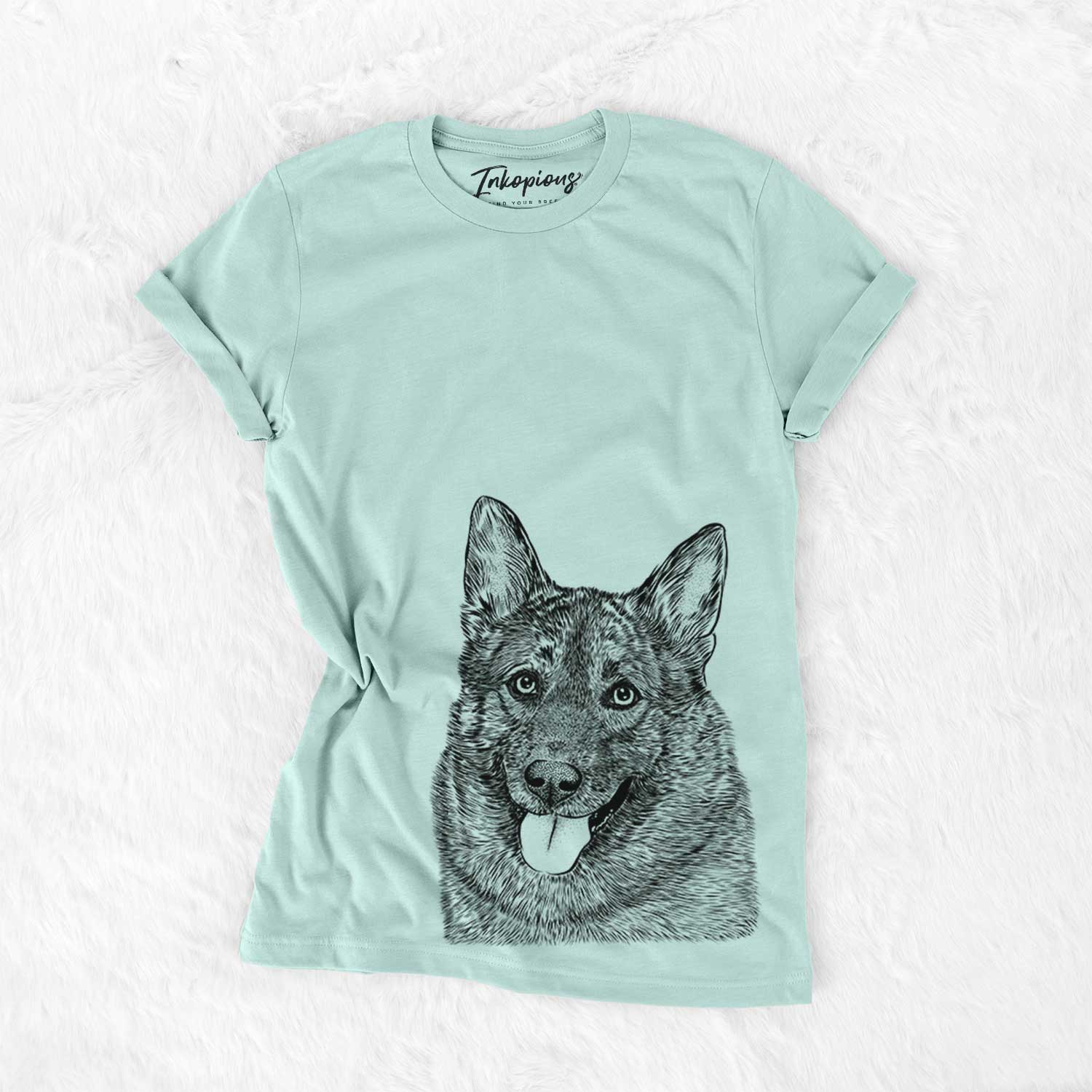 Hand-drawn sketch of Kasia the Norwegian Elkhound on a Heather Sage Bella Canvas Unisex Crewneck