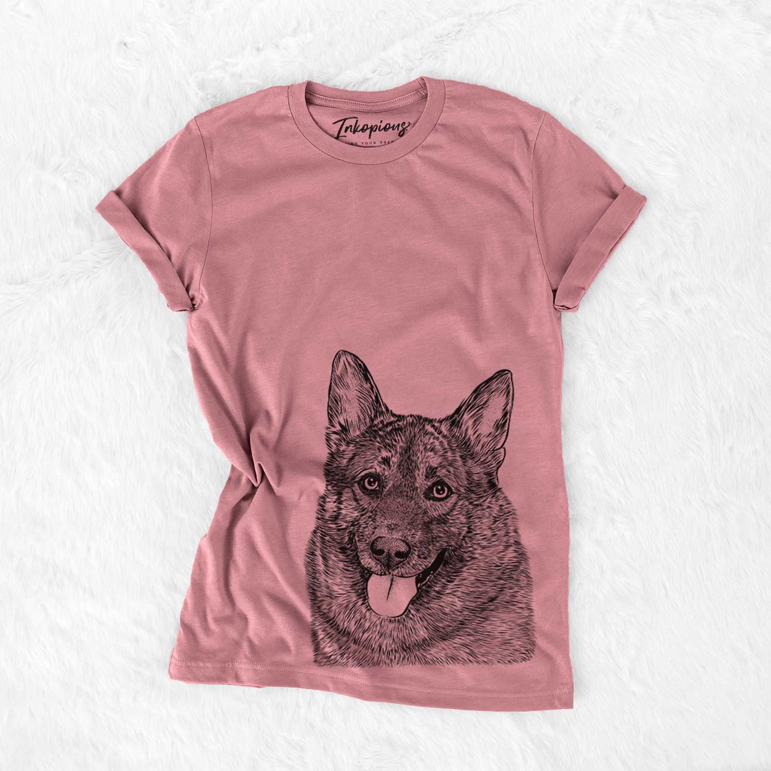 Hand-drawn sketch of Kasia the Norwegian Elkhound on a Mauve Bella Canvas Unisex Crewneck