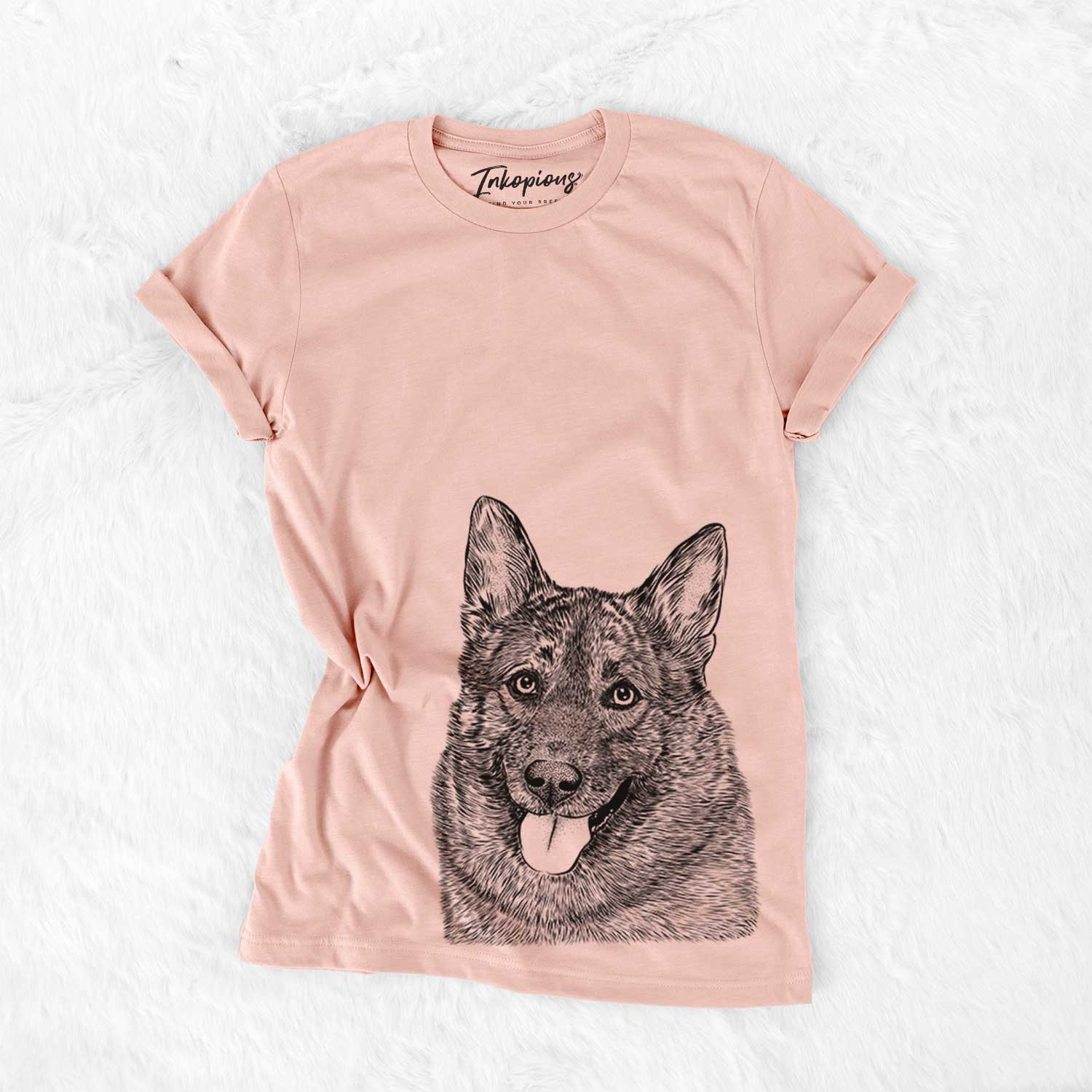 Hand-drawn sketch of Kasia the Norwegian Elkhound on a Peach Bella Canvas Unisex Crewneck