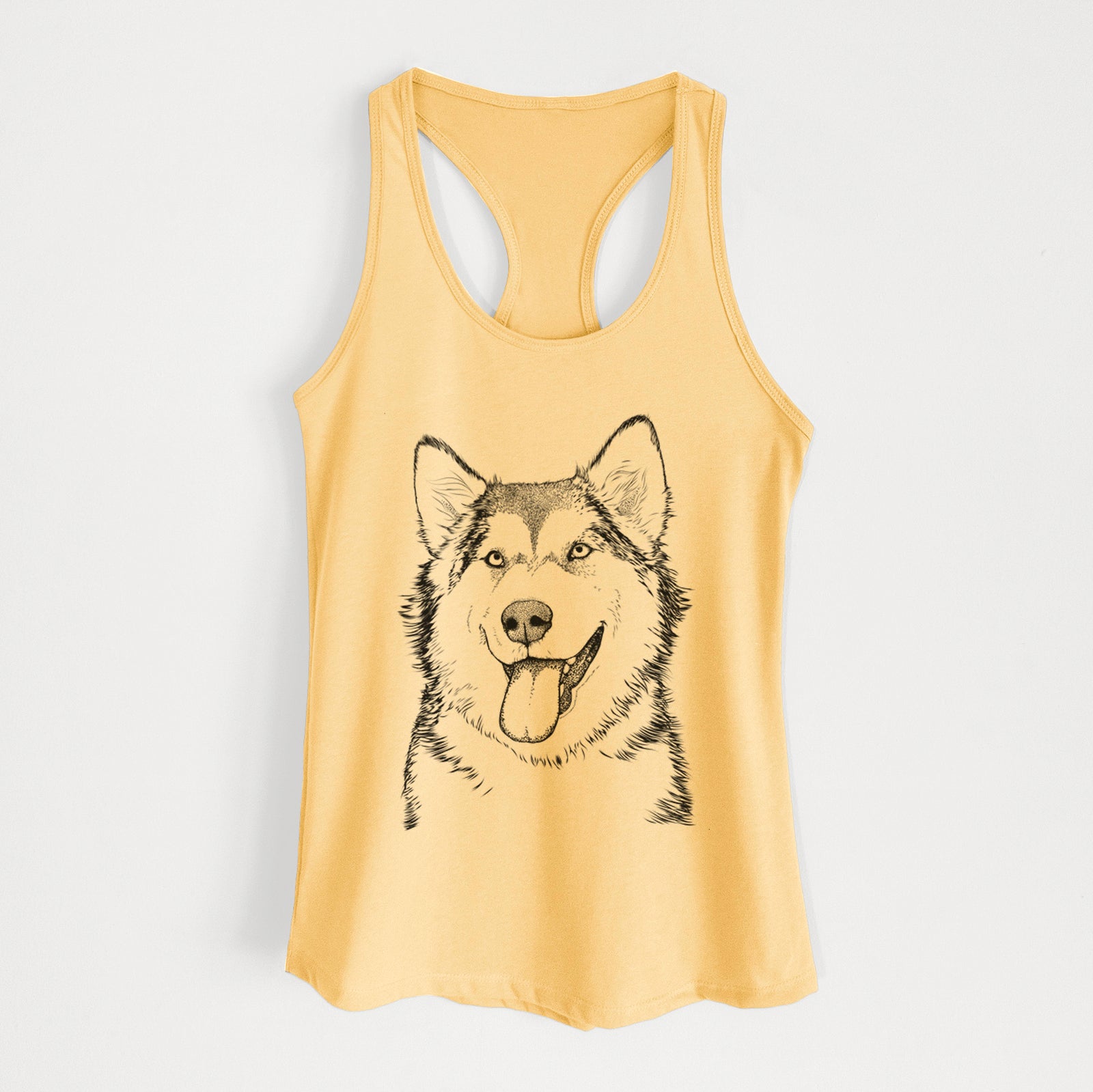 Hand-drawn sketch of Kaskae the Alaskan Malamute on a Banana Cream Women's racerback tanktop