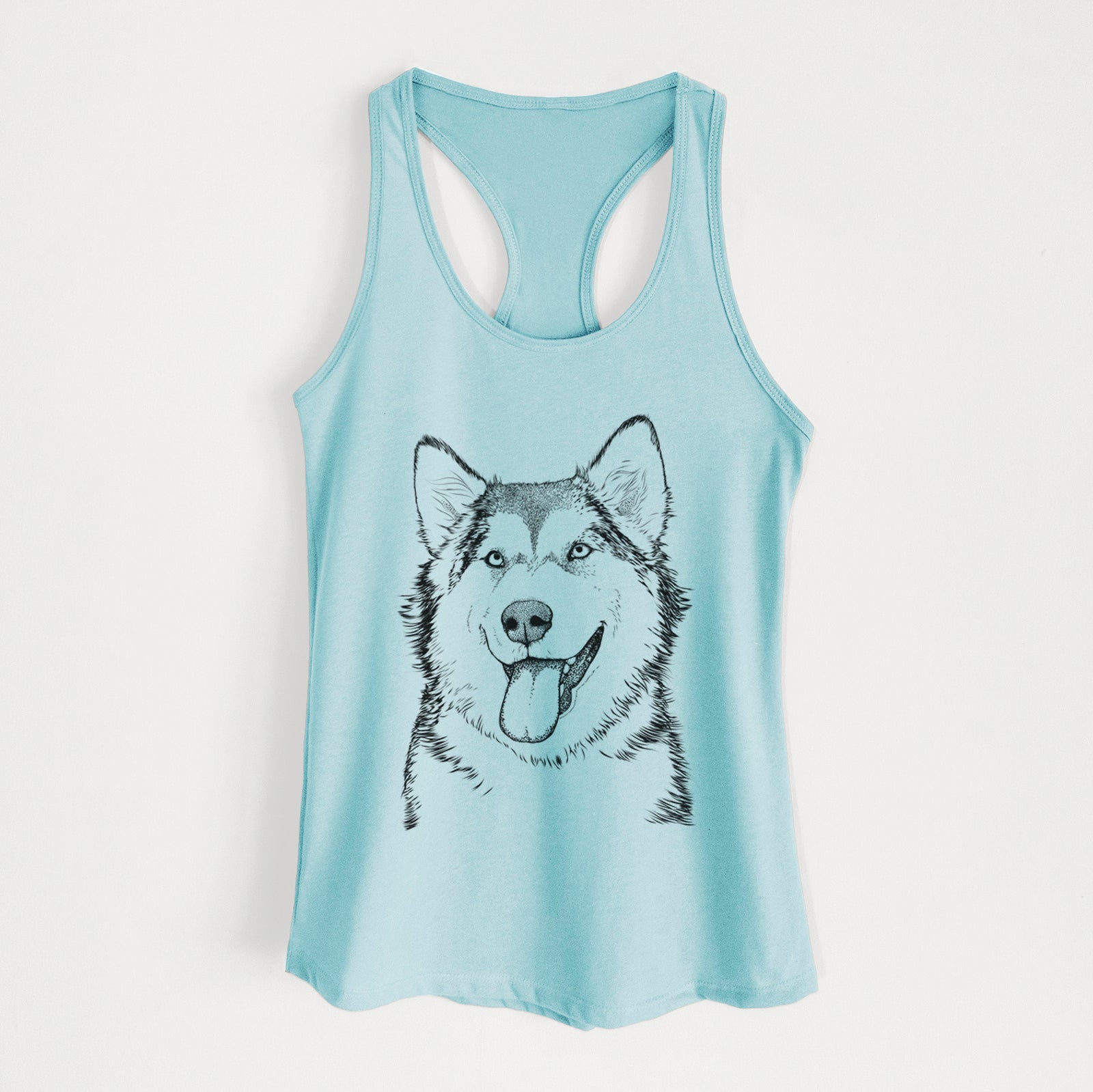 Hand-drawn sketch of Kaskae the Alaskan Malamute on a Cancun Blue Women's racerback tanktop
