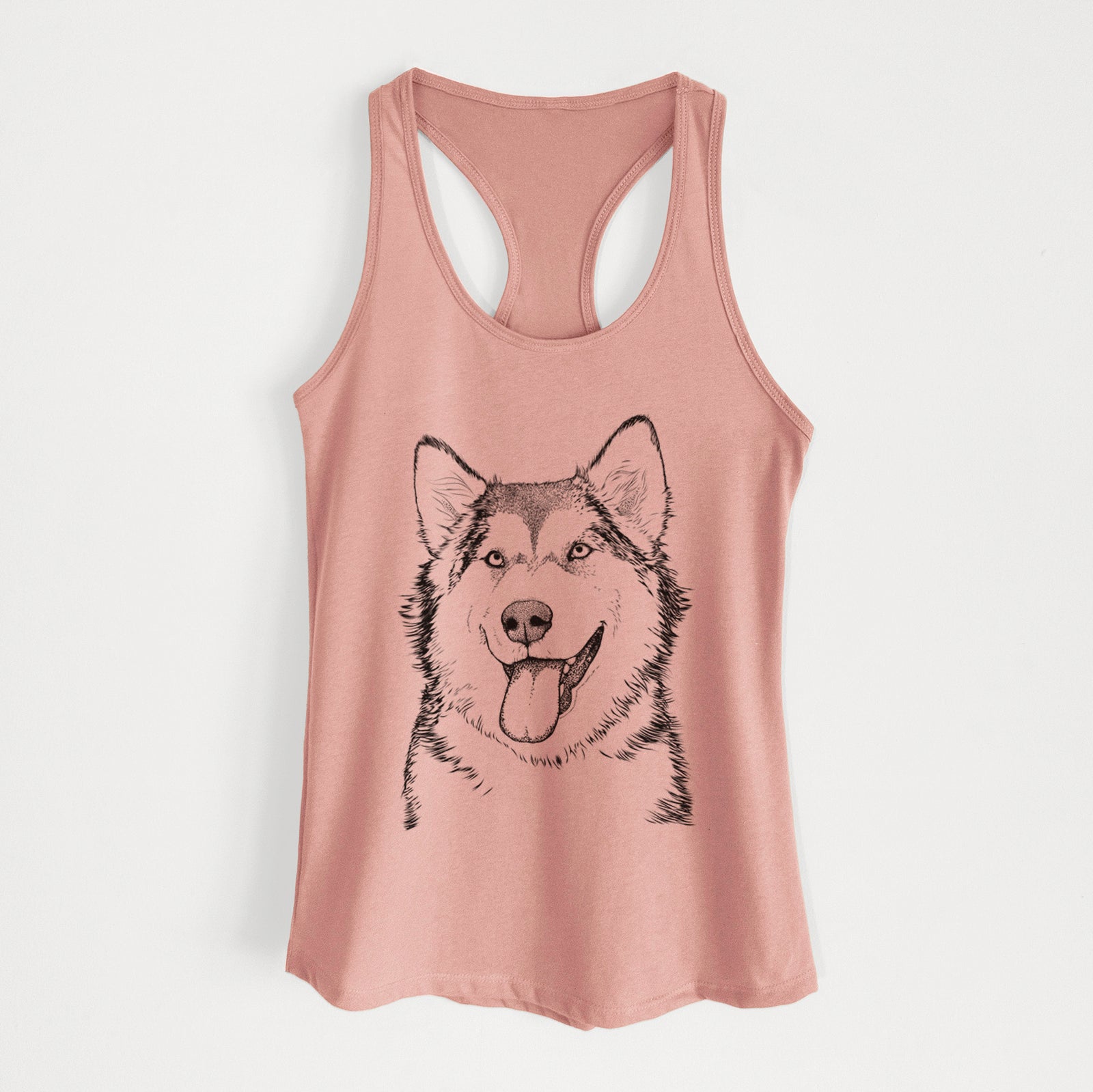 Hand-drawn sketch of Kaskae the Alaskan Malamute on a Desert Pink Women's racerback tanktop
