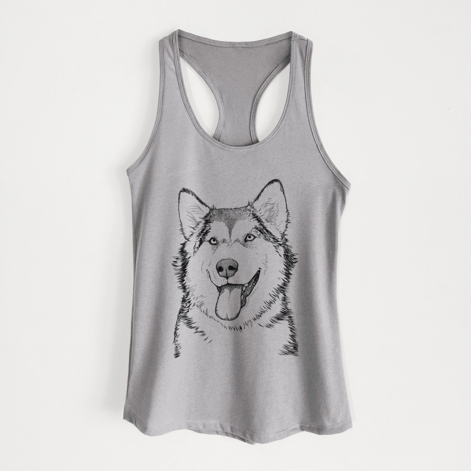 Hand-drawn sketch of Kaskae the Alaskan Malamute on a Heather Grey Women's racerback tanktop
