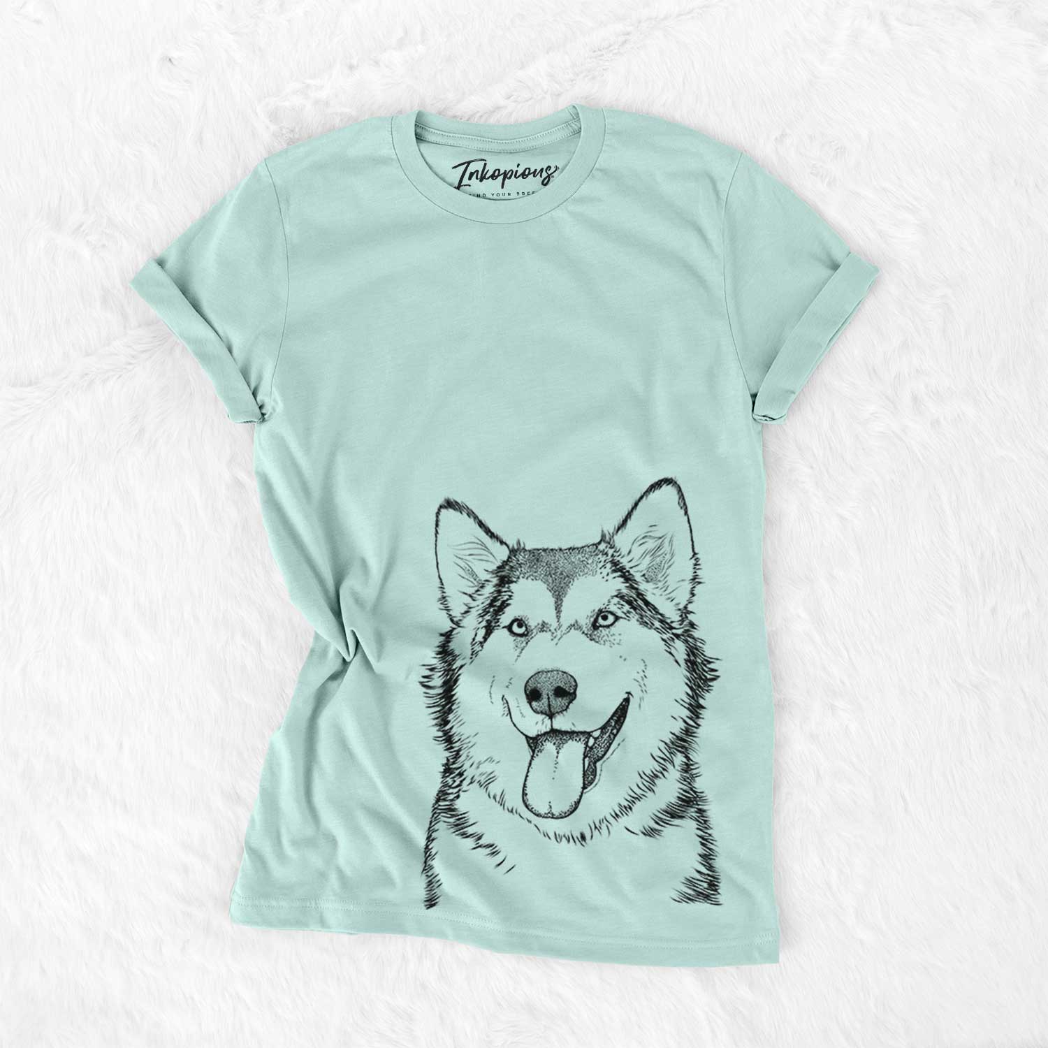 Hand-drawn sketch of Kaskae the Malamute on a Heather Sage Bella Canvas Unisex Crewneck