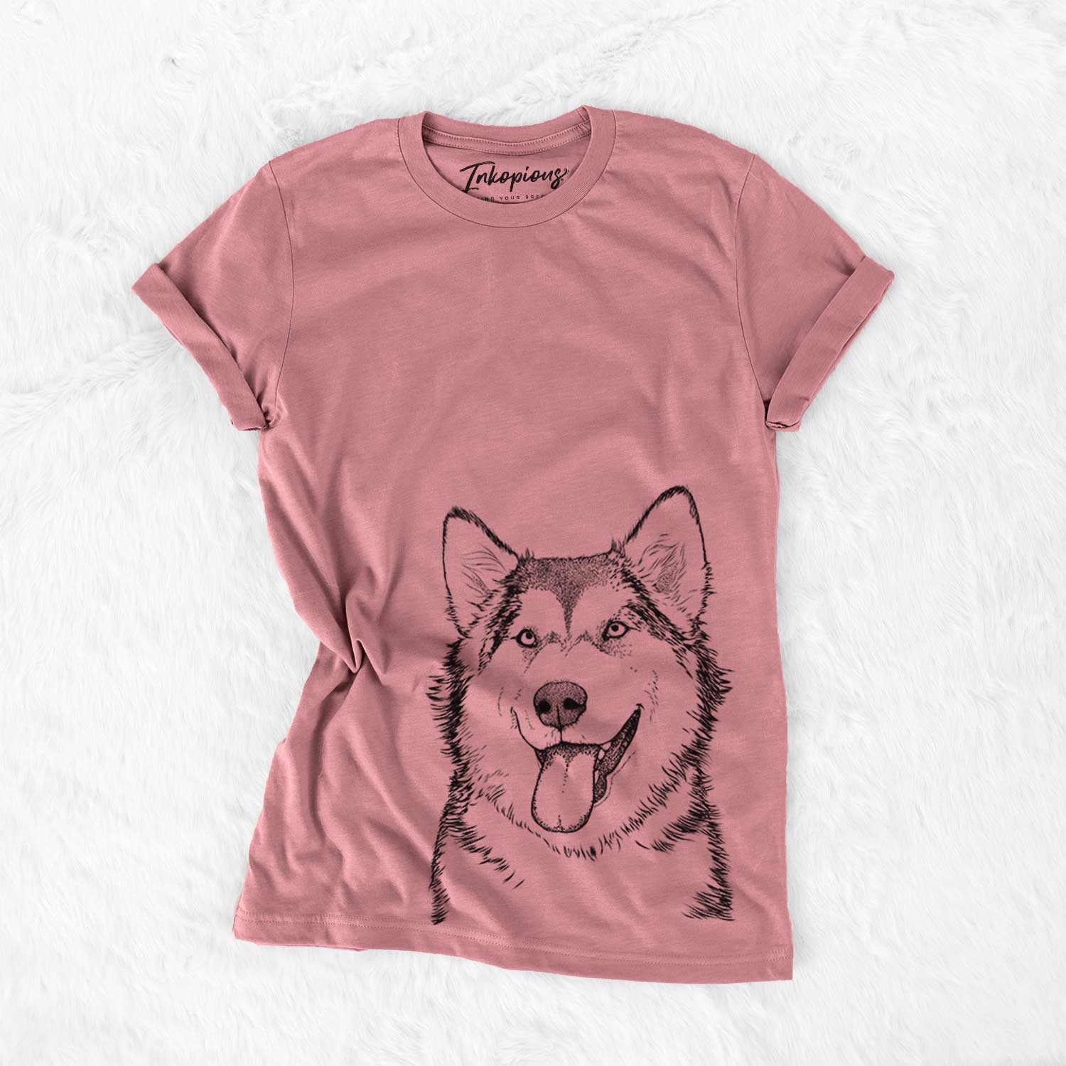 Hand-drawn sketch of Kaskae the Malamute on a Mauve Bella Canvas Unisex Crewneck