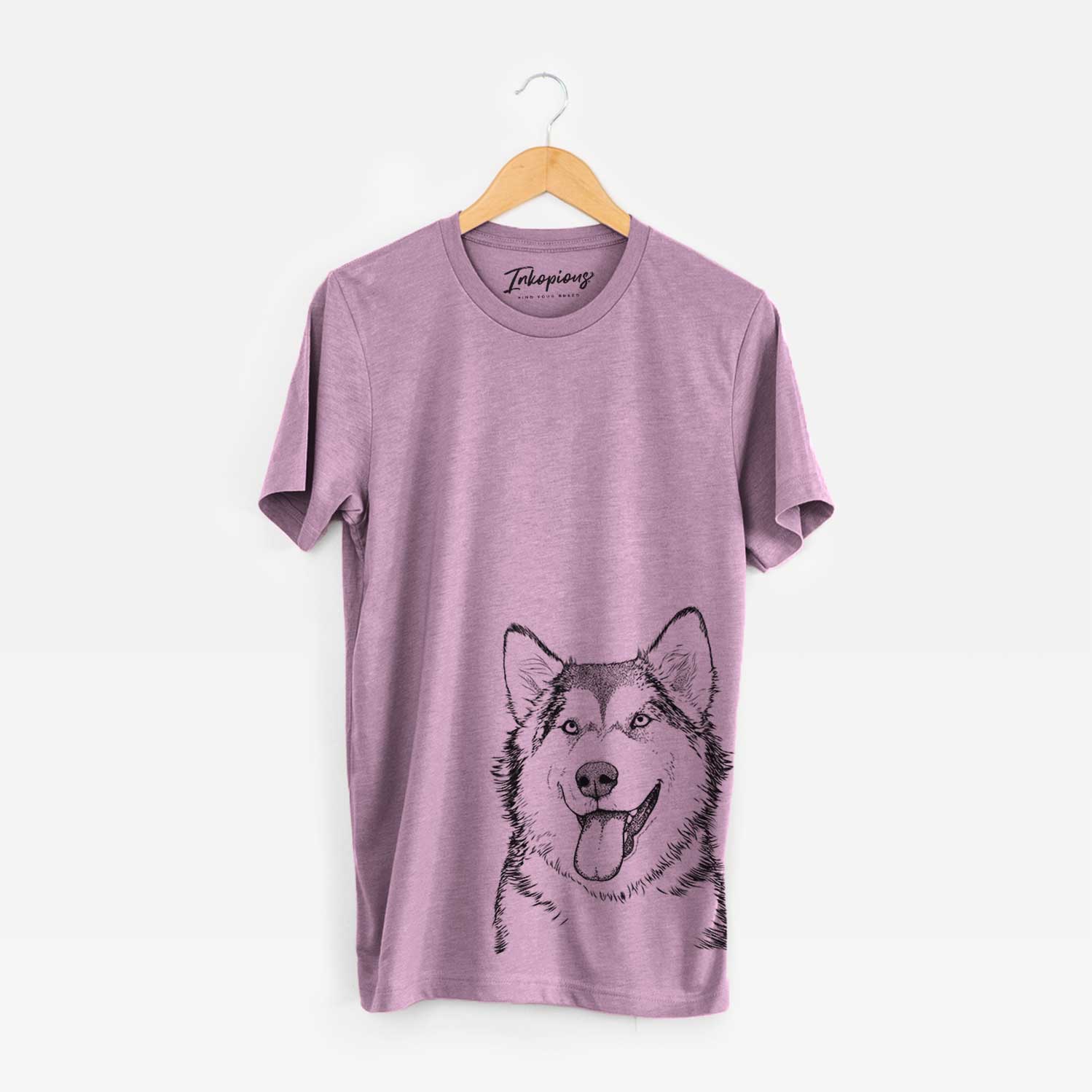 Hand-drawn sketch of Kaskae the Malamute on an Orchid Bella Canvas Unisex Crewneck