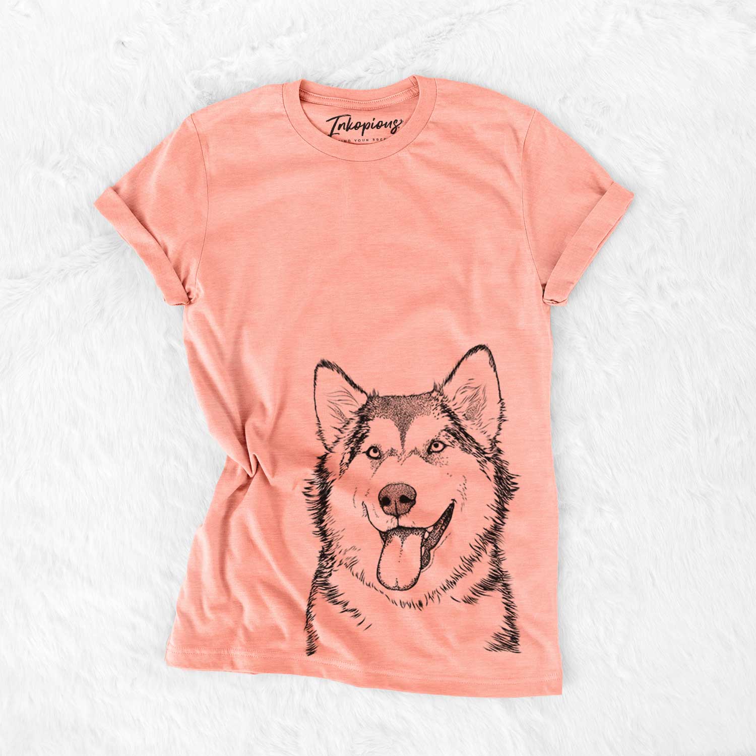 Hand-drawn sketch of Kaskae the Malamute on a Sunset Bella Canvas Unisex Crewneck