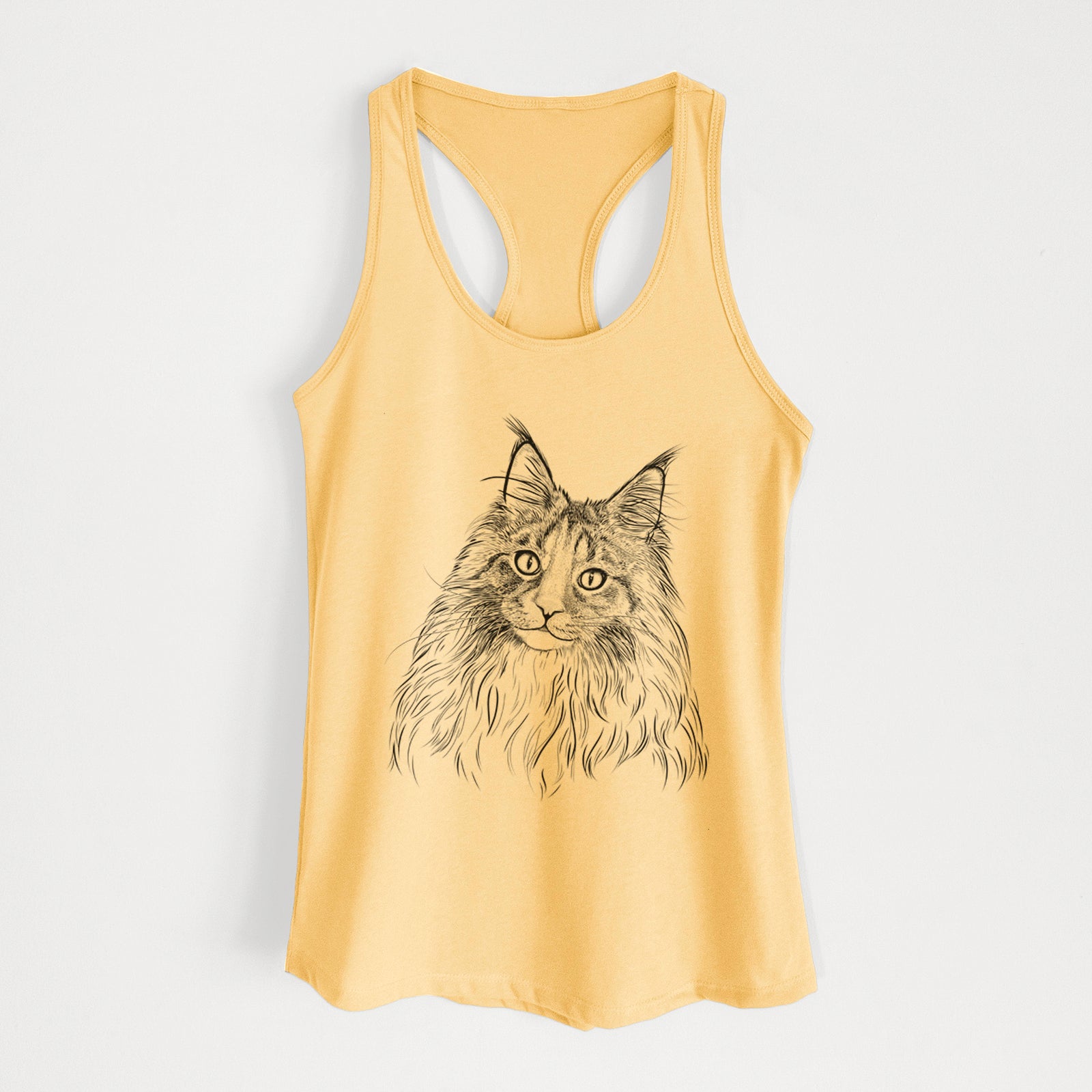 Hand-drawn sketch of Kiki the Maine Coon Cat on a Banana Cream Women's racerback tanktop