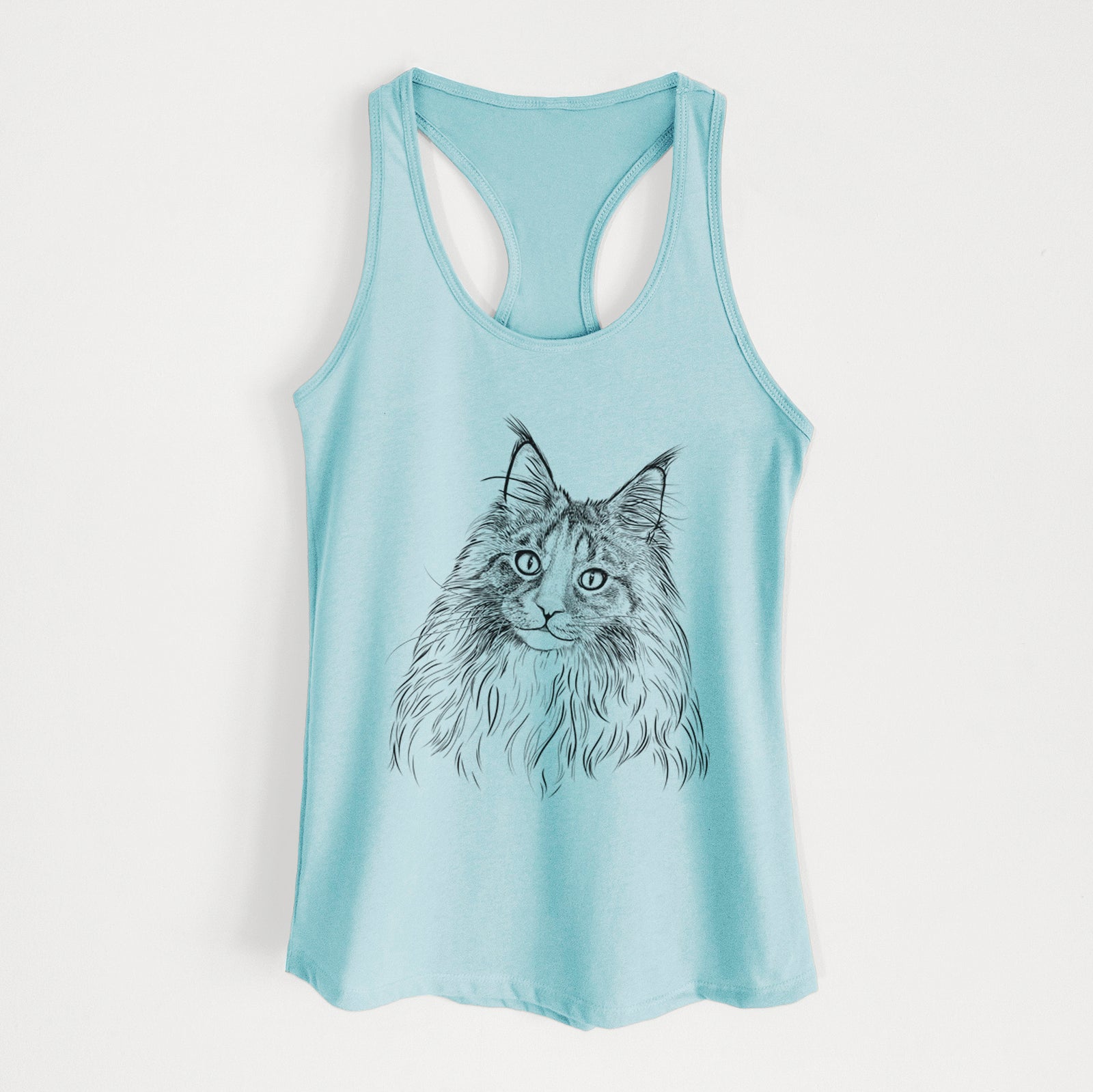 Hand-drawn sketch of Kiki the Maine Coon Cat on a Cancun Blue Women's racerback tanktop