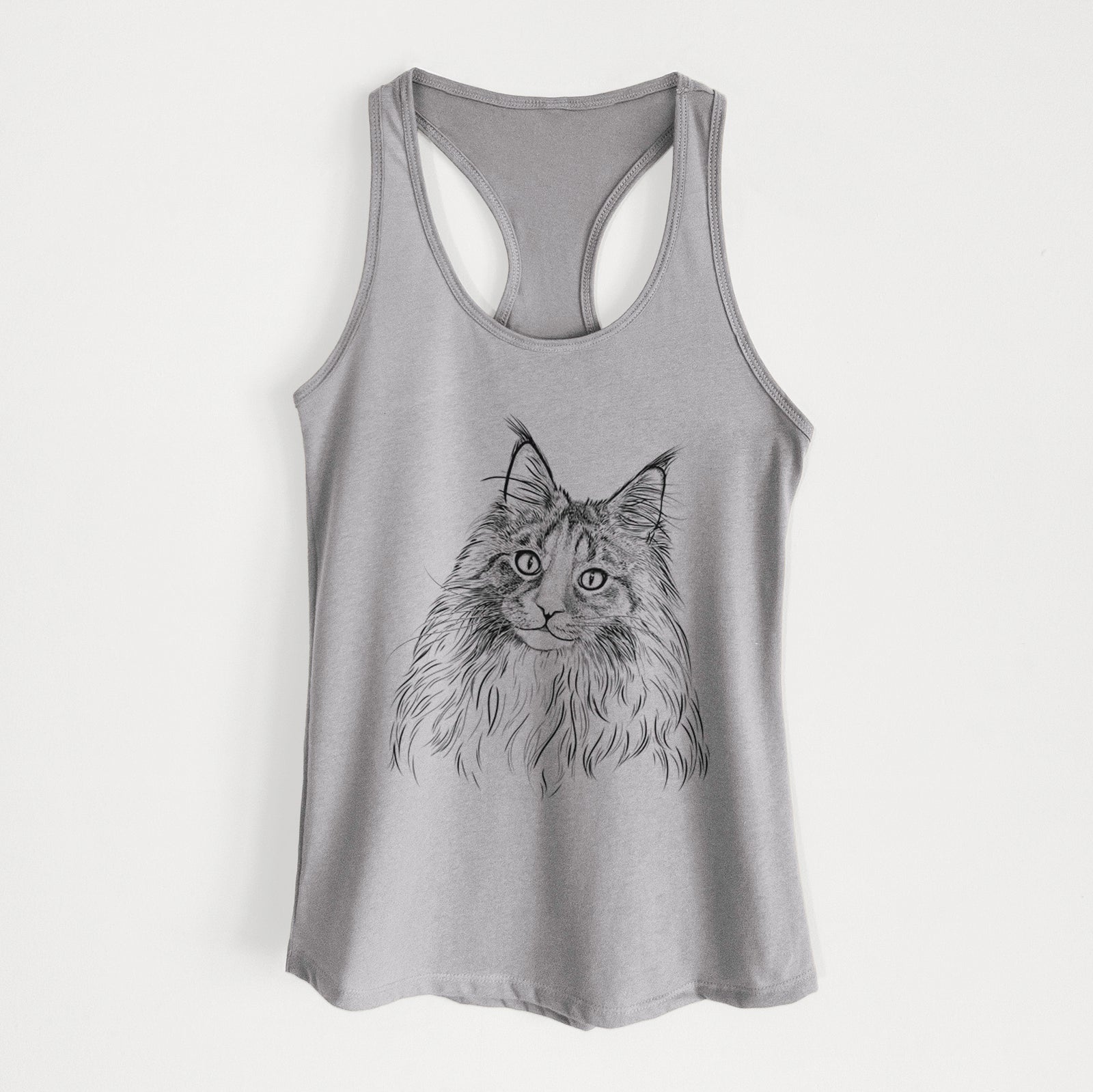 Hand-drawn sketch of Kiki the Maine Coon Cat on a Heather Grey Women's racerback tanktop