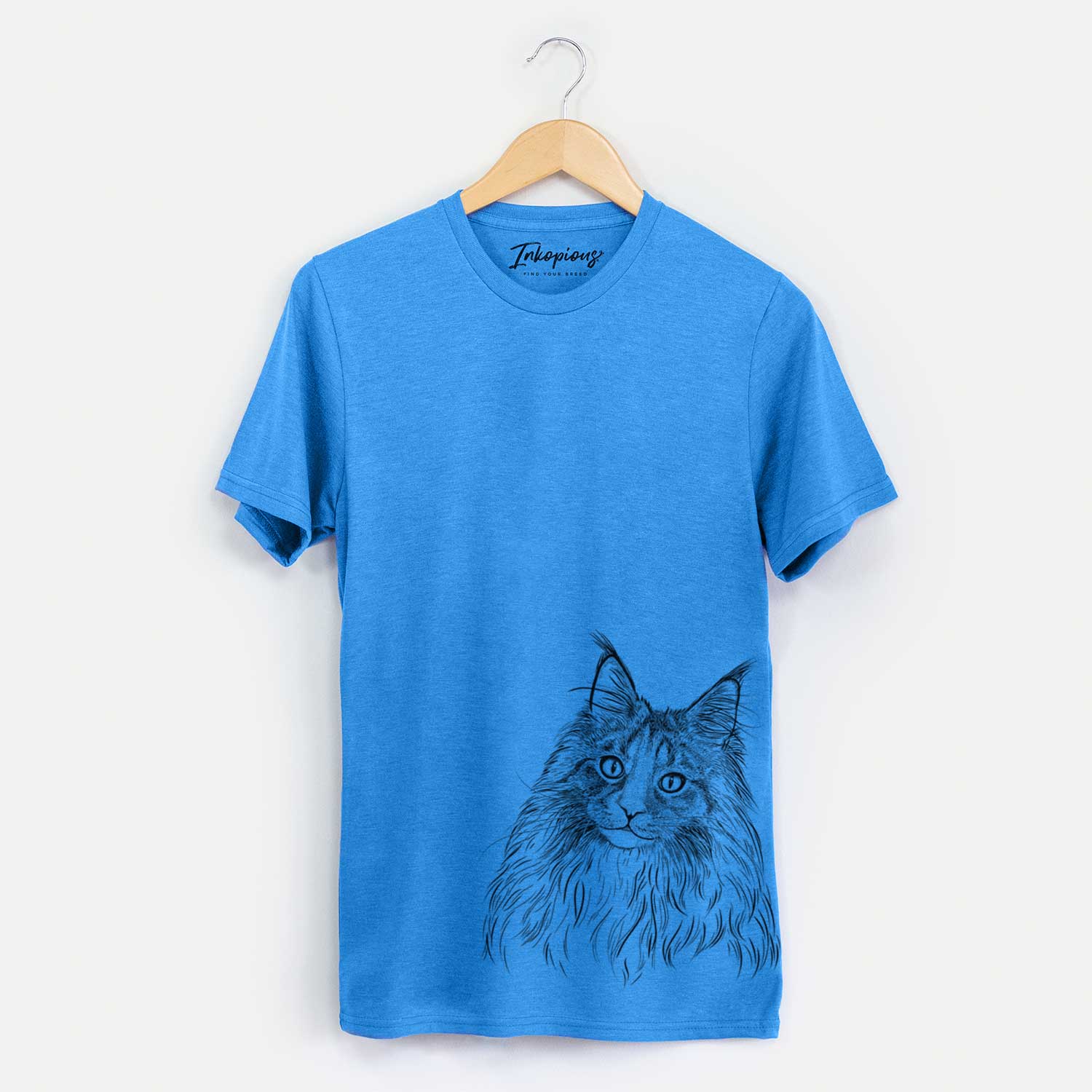 Hand-drawn sketch of Kiki the Maine Coon Cat on a Blue Unisex crewneck