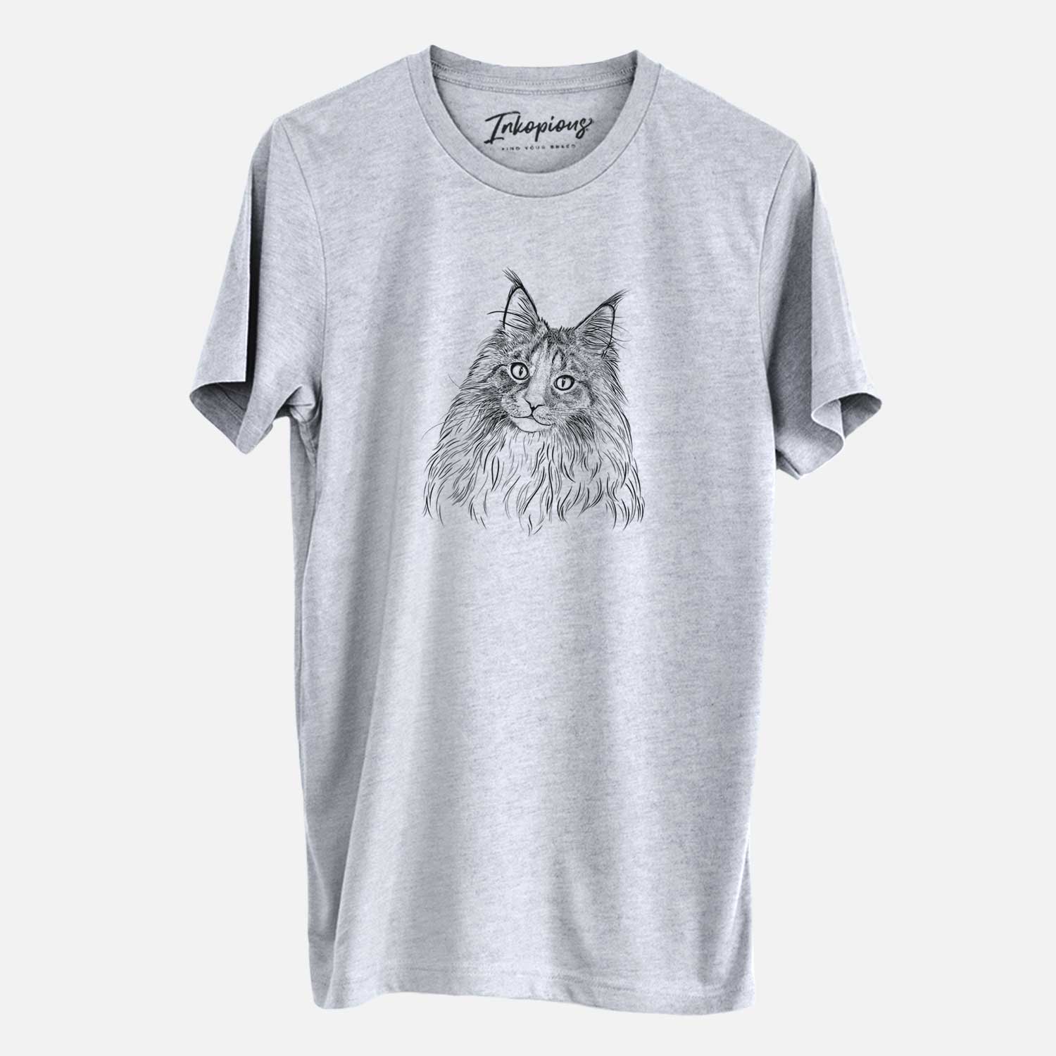 Hand-drawn sketch of Kiki the Maine Coon Cat on a Grey Unisex crewneck