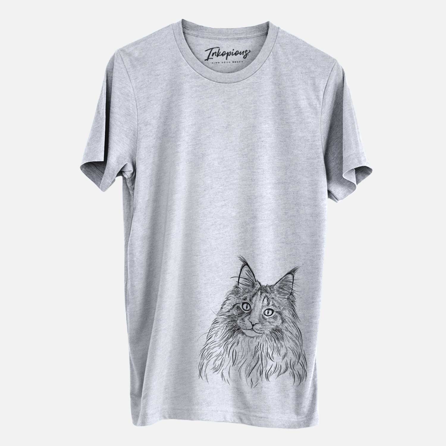 Hand-drawn sketch of Kiki the Maine Coon Cat on a Grey Unisex crewneck