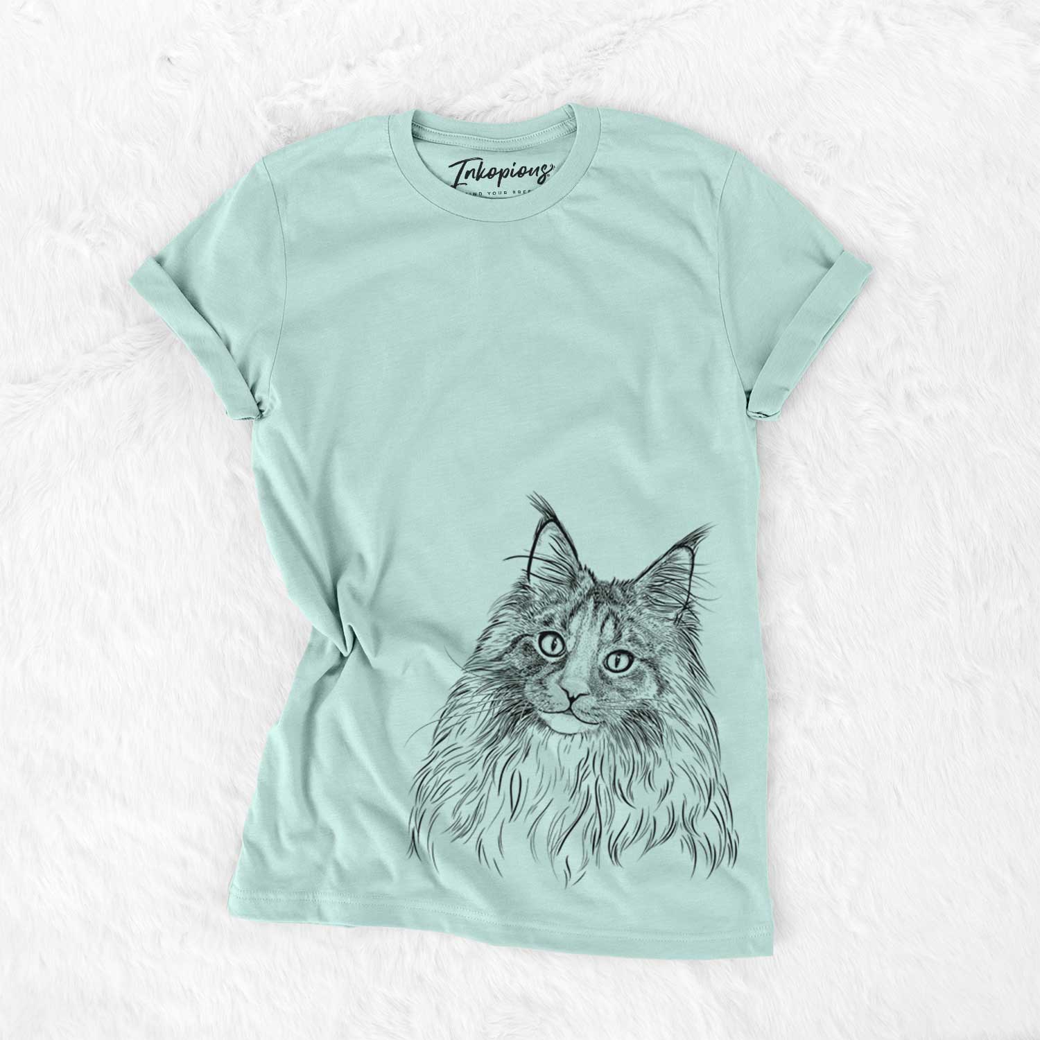 Hand-drawn sketch of Kiki the Maine Coon Cat on a Heather Sage Unisex crewneck