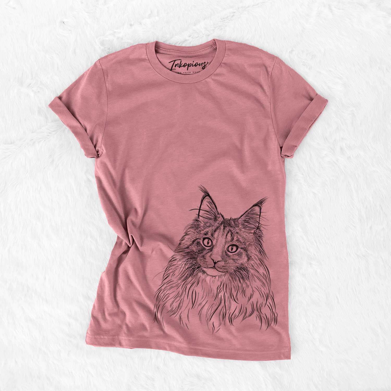 Hand-drawn sketch of Kiki the Maine Coon Cat on a Mauve Unisex crewneck