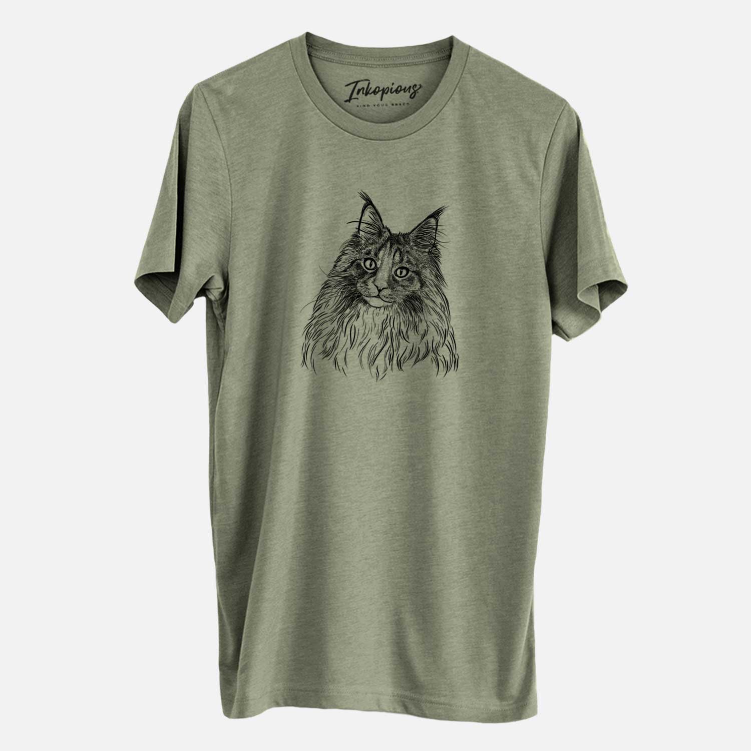 Hand-drawn sketch of Kiki the Maine Coon Cat on an Olive Unisex crewneck